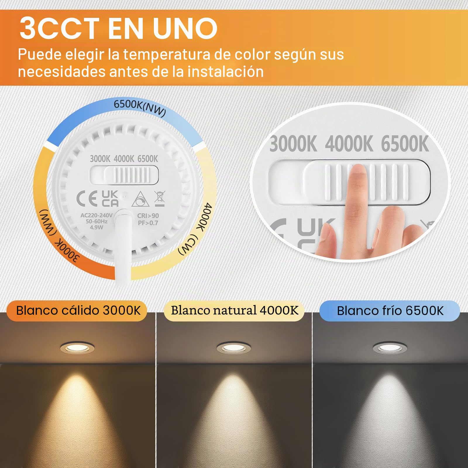 KYOTECH 10x Módulo LED Regulable 4.9W 3CCT Blanco cálido 3000K Blanco natural 4000K Blanco frío 6500K 38°para focos empotrables ø50x23mm Reemplaza la Bombilla GU10 MR16 para Foco Empotrable