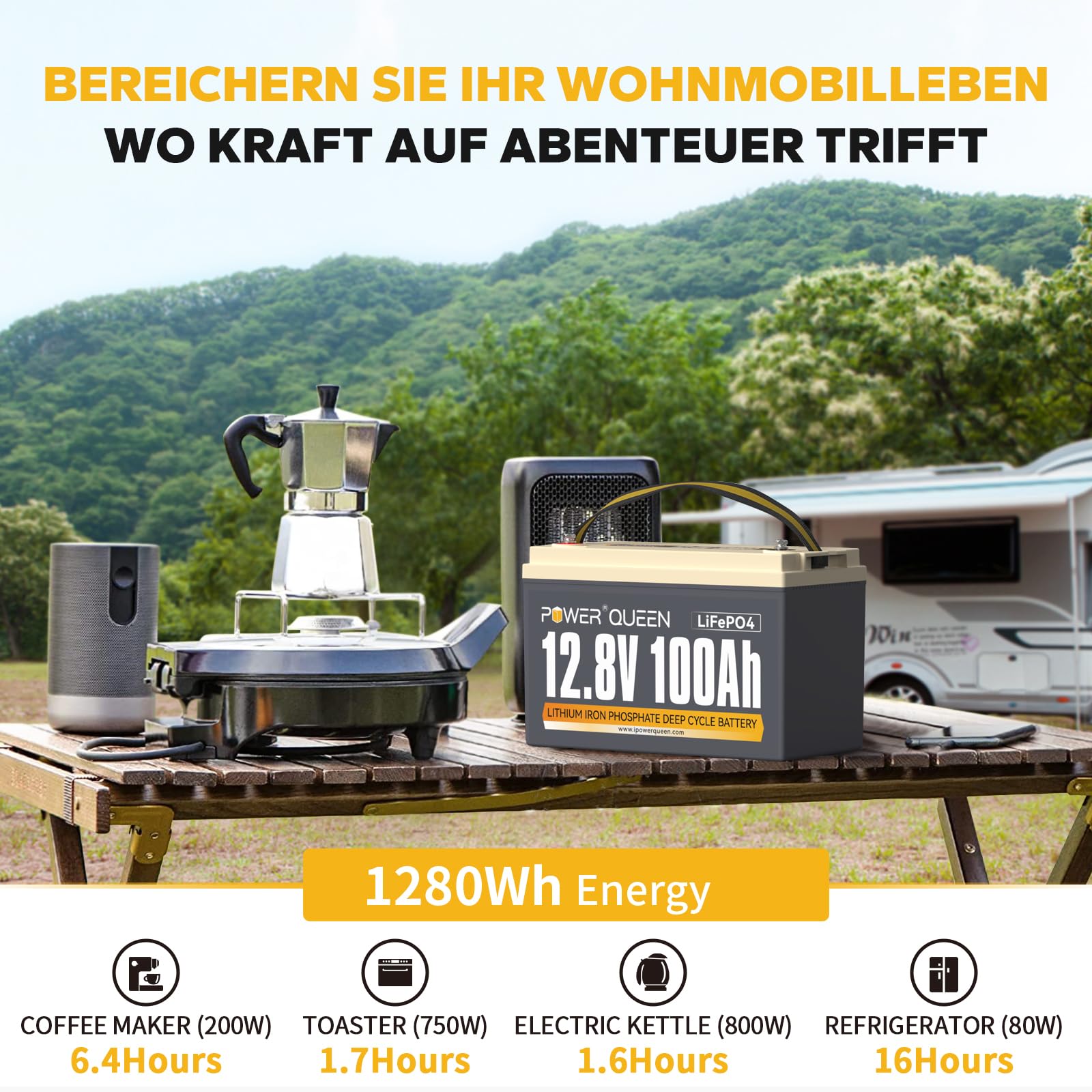 Power Queen 12V 100Ah LiFePO4 Batteria a ciclo profondo (Confezione da 3), potenza di carico 1280 Wh, BMS 100A, Batteria da 4000-15000 cicli e durata di 10 anni, per camper, impianto solare, barca