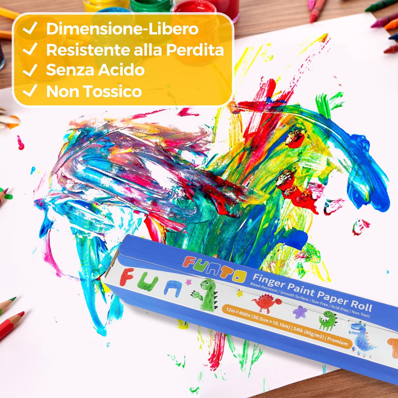 Funto Rotolo di carta per pittura con le dita, 12''x400'', senza dimensioni, bianco, carta da pittura grande per bambini piccoli, carta artistica per bambini, carta per dipingere, facile da tagliare