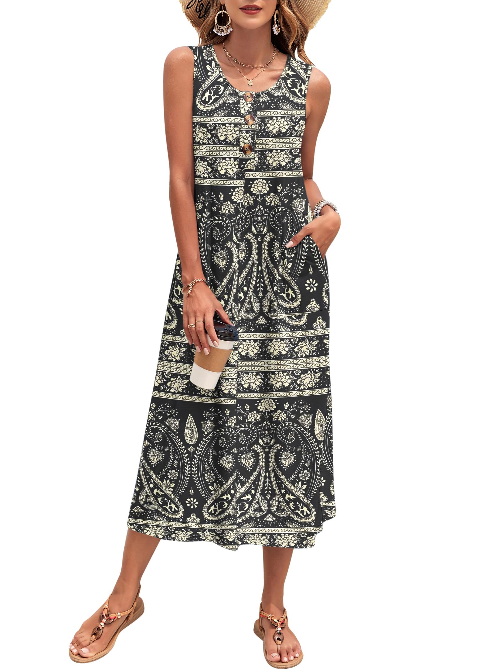 PLOKNRD Damen Sommer Maxi Kleid Ärmellos Strandkleid Lässiges Lange Button-Down Tank Kleid mit Taschen