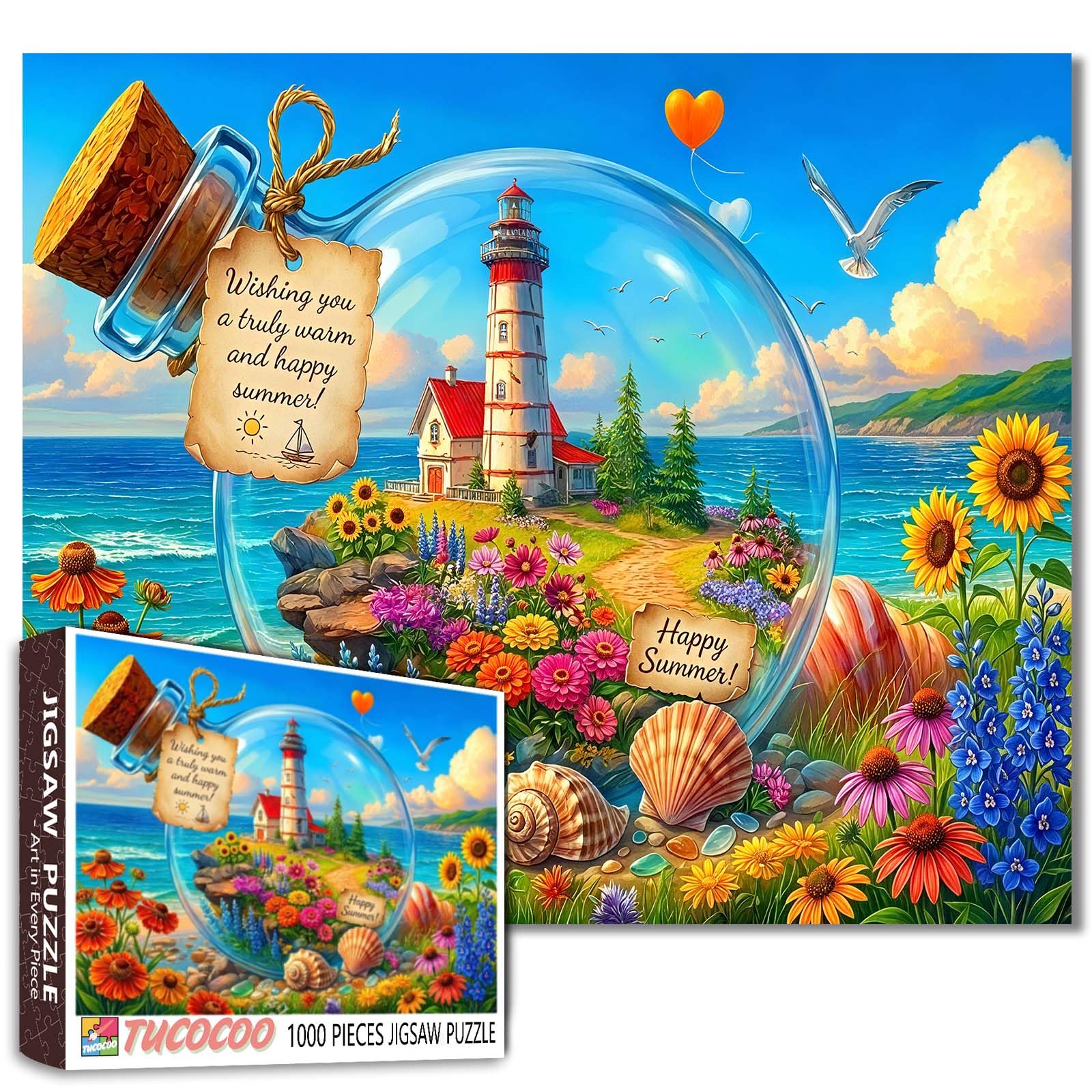 Seaside Jigsaw Puzzle Flower Lighthouse in Glass Bottle Scene Puzzle 1000 Piece for Adults Colorful Ocean Summer View Artwork Relaxing Challenging Fun Puzzles 19.7 x 27.6 Inches Gift Home Decor โ image 1