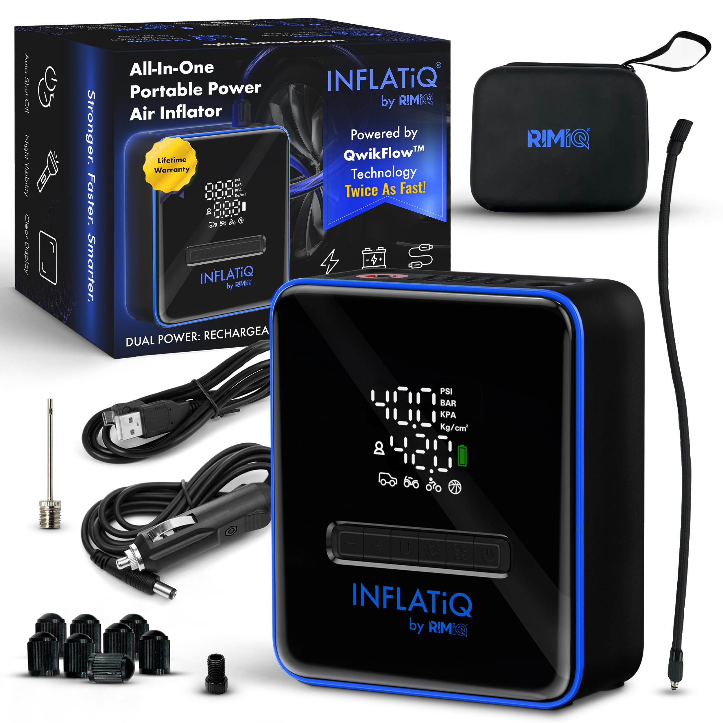 INFLATiQ By RIMiQ - QwikFlow Inflator Portable Car Tire Air Compressor Ball Pump