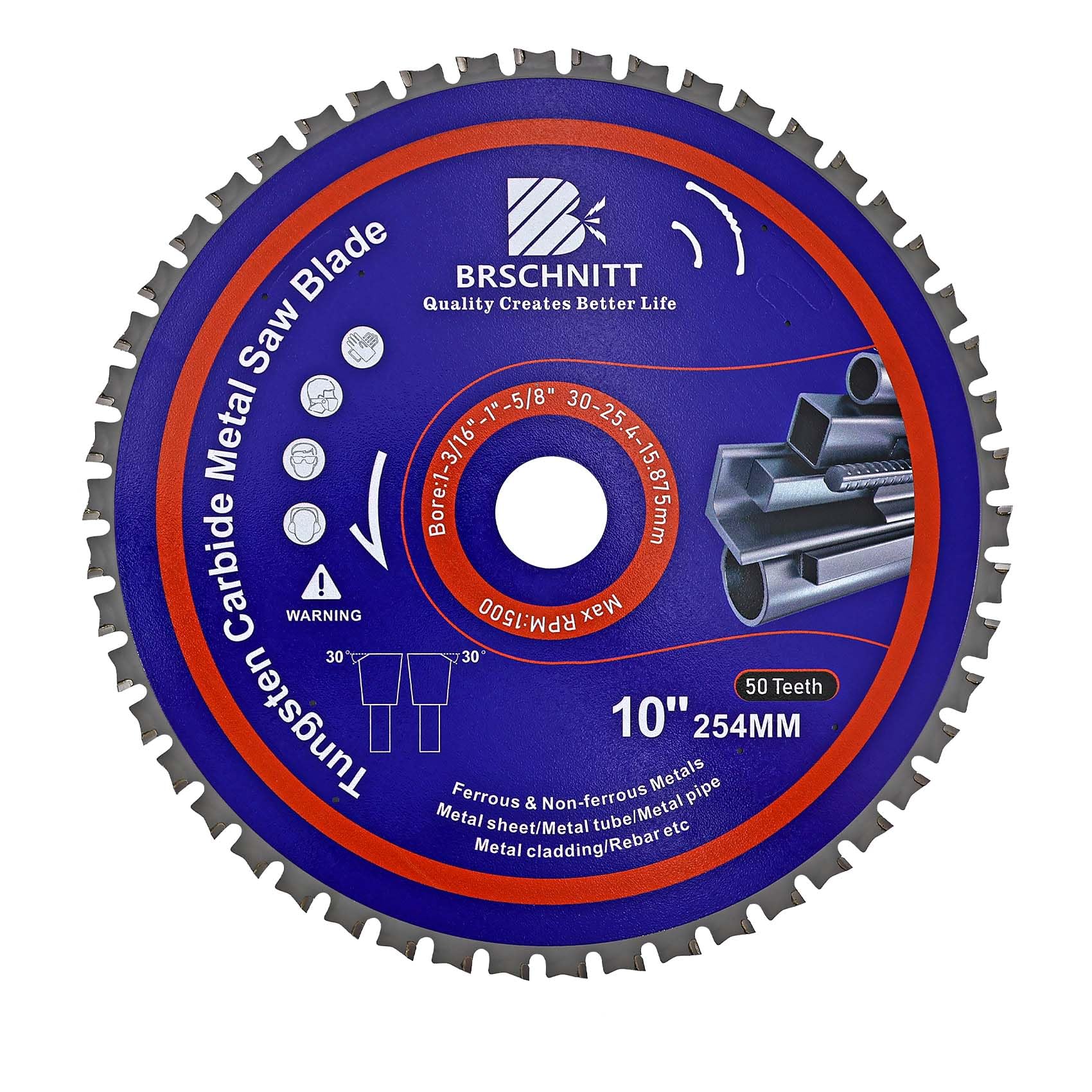 254MM Metal Cutting Circular Saw Blade - BRSCHNITT Tungsten Carbide Tipped TCT Saw Blades for Steel, Nickel, Titanium, Ferrous Metals, Steel Pipe（50T Arbor:30MM/25.4MM/15.875MM）