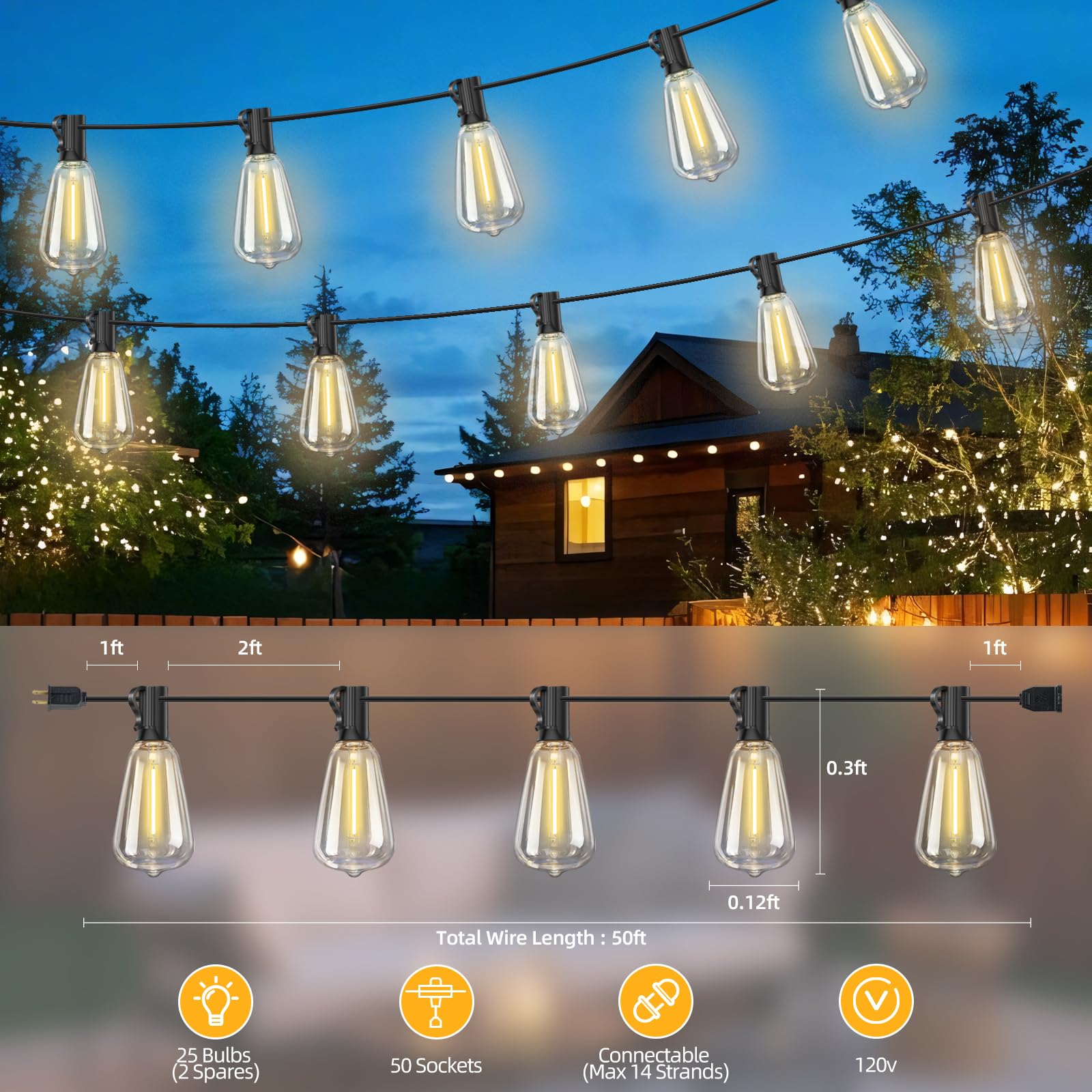 Cadena de luces LED para exteriores de 50 pies con 25 + 2 bombillas de repuesto, casquillo E12, blanco cálido de 2700 K, para patio, boda, camping, porche, cubierta, cenador