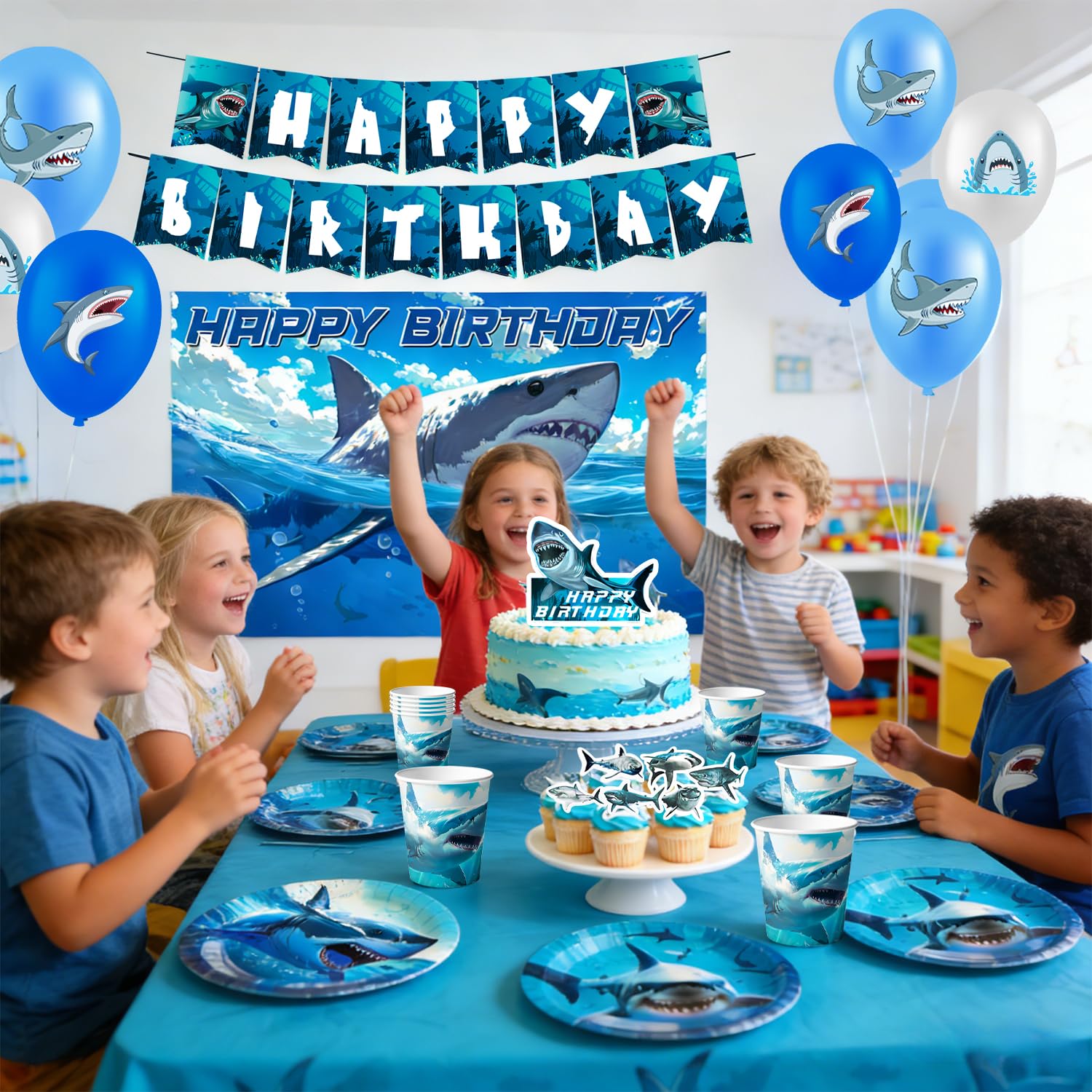 Generisch Hai Party Dekoration Set für 10 Gäste Kindergeburtstag Junge | Pappteller, Tischdecke, Luftballons, Partygeschirr, Unterwasserwelt Deko
