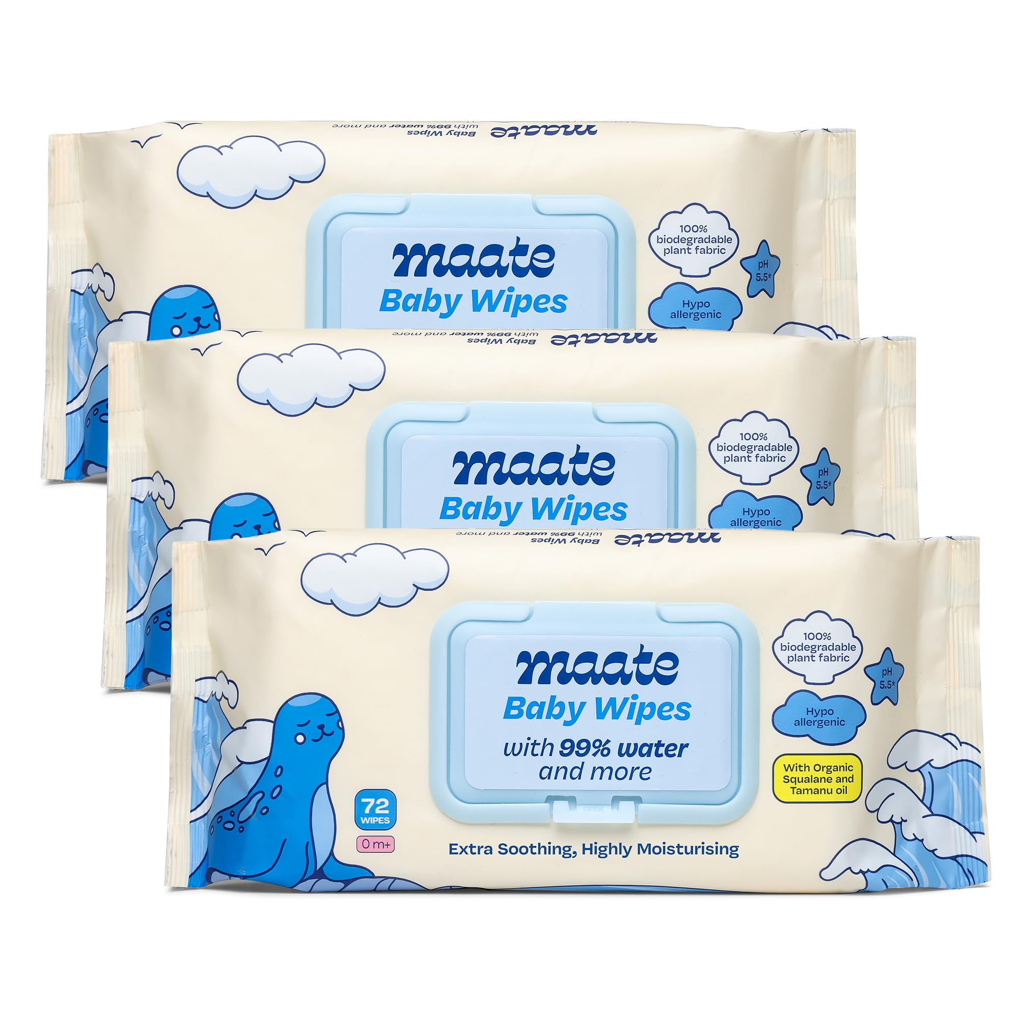 Maate Baby Wipes (Pack of 3, 216 Wipes) | Soothing & Hypoallergenic | Infused With Plant Squalane, Tamanu Oil & Aloe Vera | & Hydrating | Wipe for Baby's | Paraben & Sulphate Free