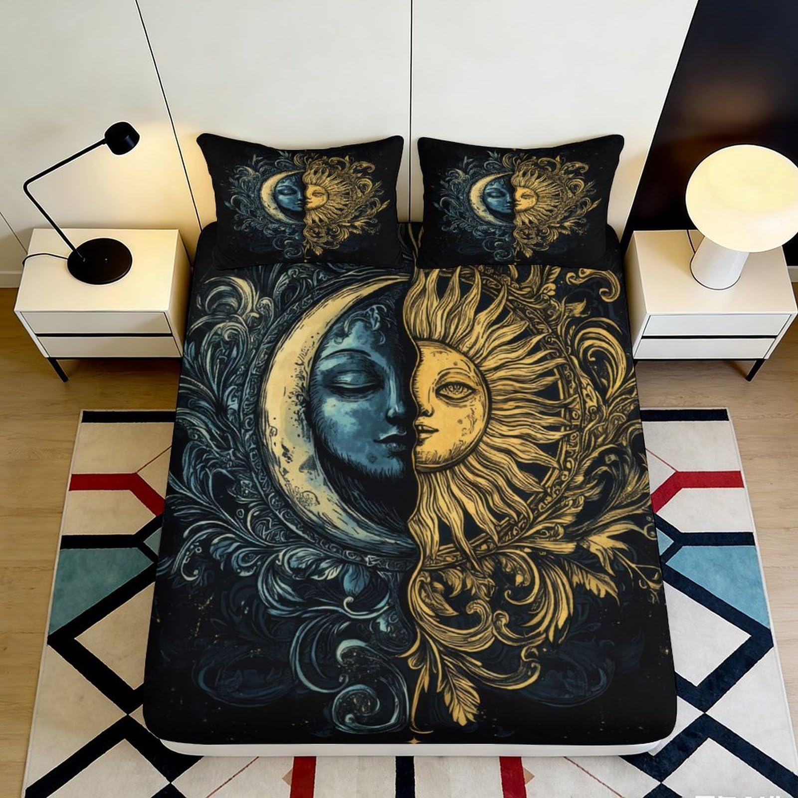3D Printed Sun Moon Fitted Sheet Microfiber Artistic Night Sky Bed Cover for Bedroom Guest Room Decor Protection 90x200x25cm