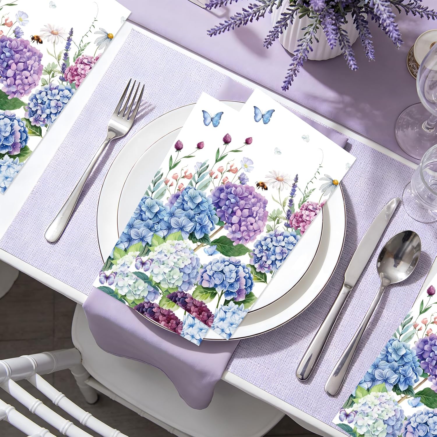 Hydrangea Floral Paper Napkins - 100 Pcs Blue Purple Watercolor Hydrangea Napkins Disposable, Spring Flower Dinner Napkin for Birthday Party Wedding Bridal Shower Supplies