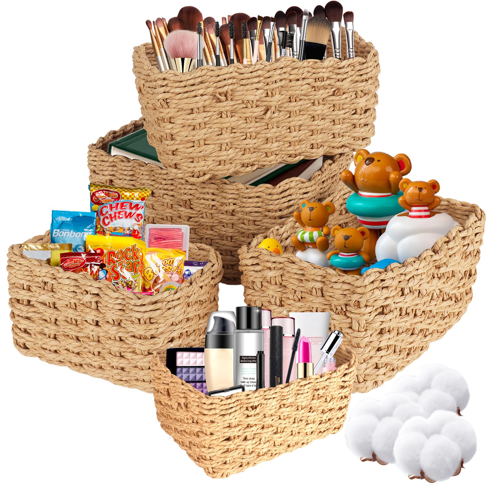 Panier Rangement en Tissée en Corde de Papier 5PCS,Boho Paniers de Décoration,Panier de Rangement Empilable,Pour le salon,la chambre à coucher,la salle de bain et la cuisine