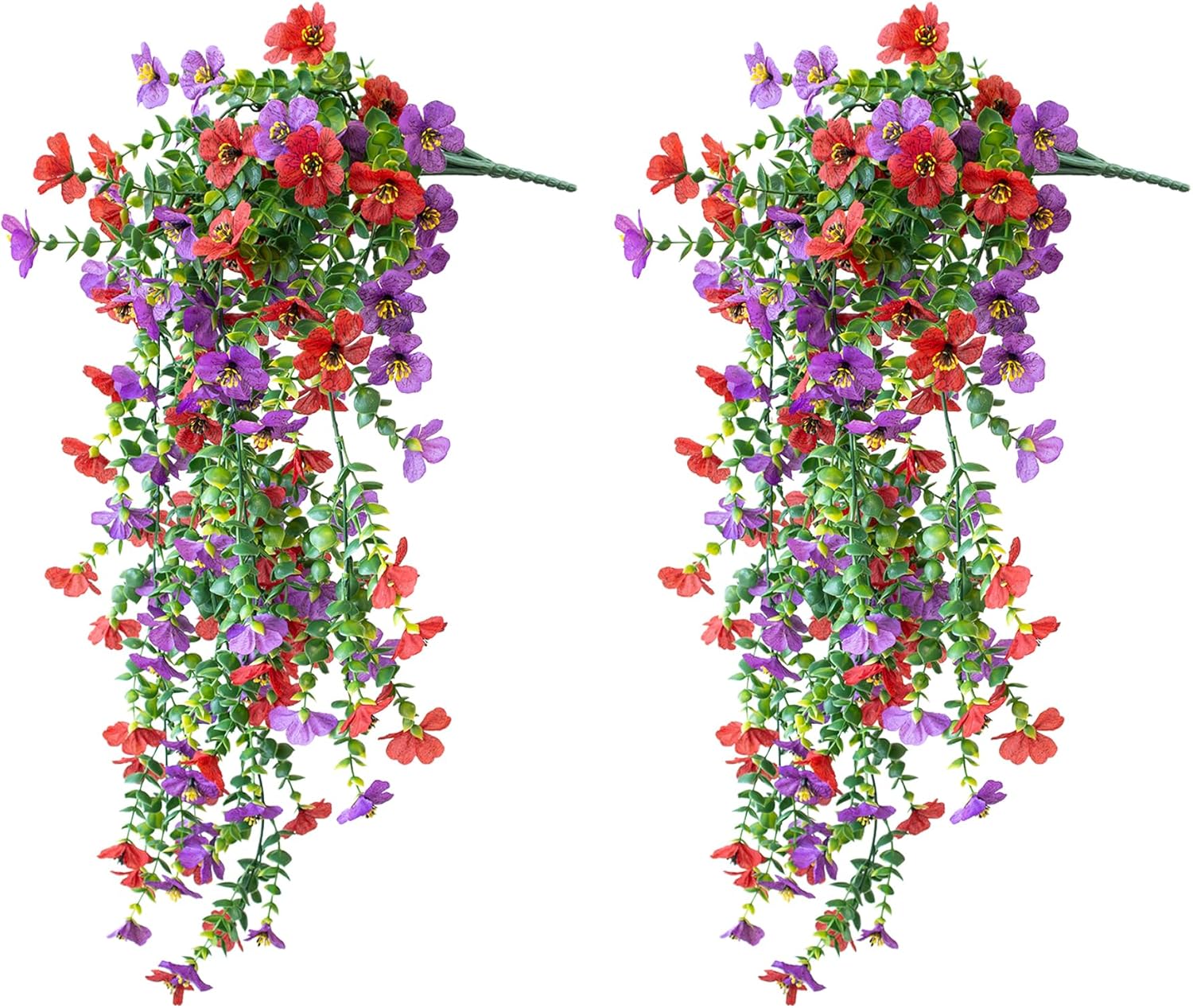 Artificial Hanging Flowers for Outdoors, 2 Pcs No Fade UV Resistant Artificial Outdoor Flowers Fake Hanging Plant with Eucalyptus Leaves and Silk Flowers for Home Garden Wall Decor, Purple Red