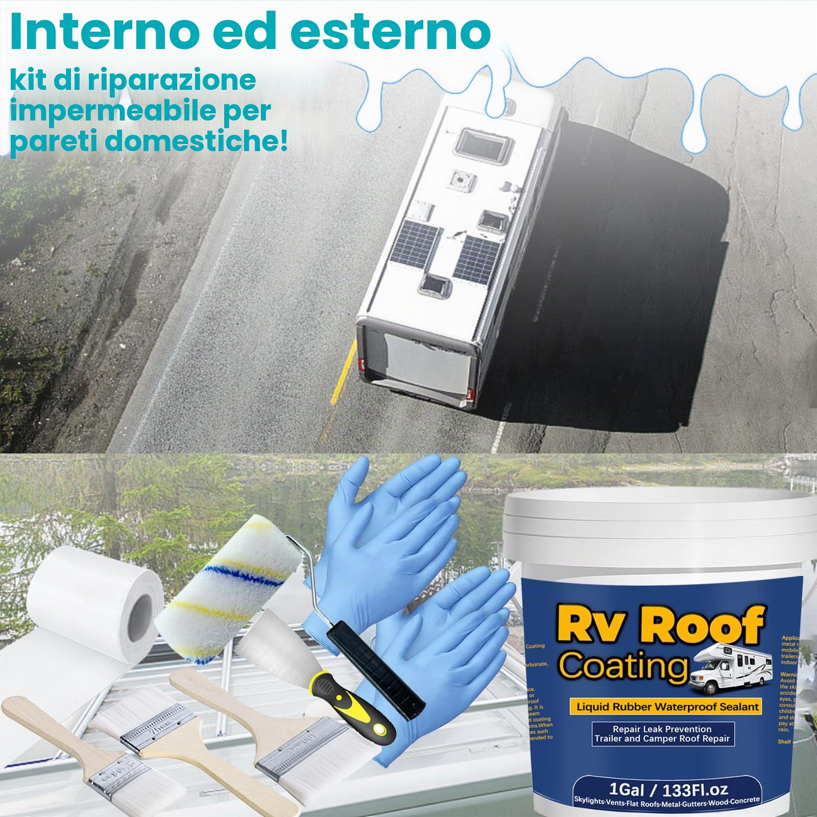 1Gal/133Fl.oz Bianco Impermeabile Sigillante Gomma Liquida Rv Rivestimento Tetto Camper Riparazione Solare Riflettente Spazzola di Legno Putty Coltello Nitrile Guanti Rullo Drywall Riparazione Nastro