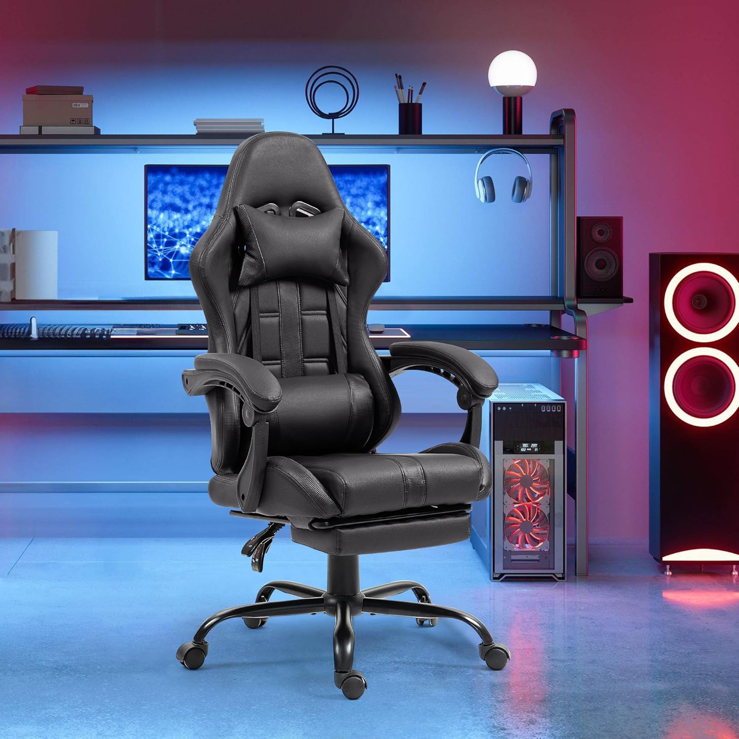 ECOTOUGE Massage Gaming Chair, Video Game Chair with Footrest, Ergonomic Computer Chair with Headrest and Massage Lumbar Support, Height Adjustable High Back Office Desk Chair with 360° Swivel, Black