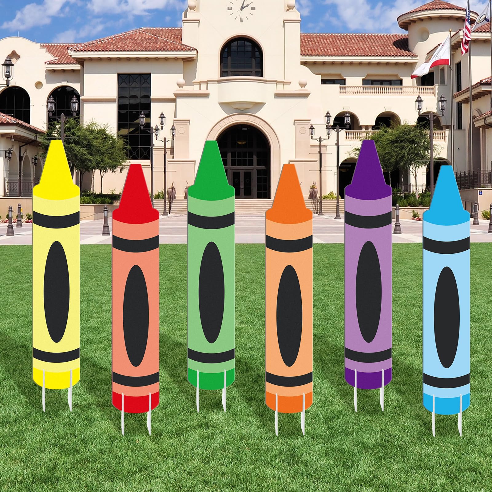 6 Pcs Back to School Decorations 31.5 Inch Crayon Themed Yard Signs First Day of School Decor Welcome Back Photo Props for Preschool Kindergarten Outdoor Lawn Daycare Classroom