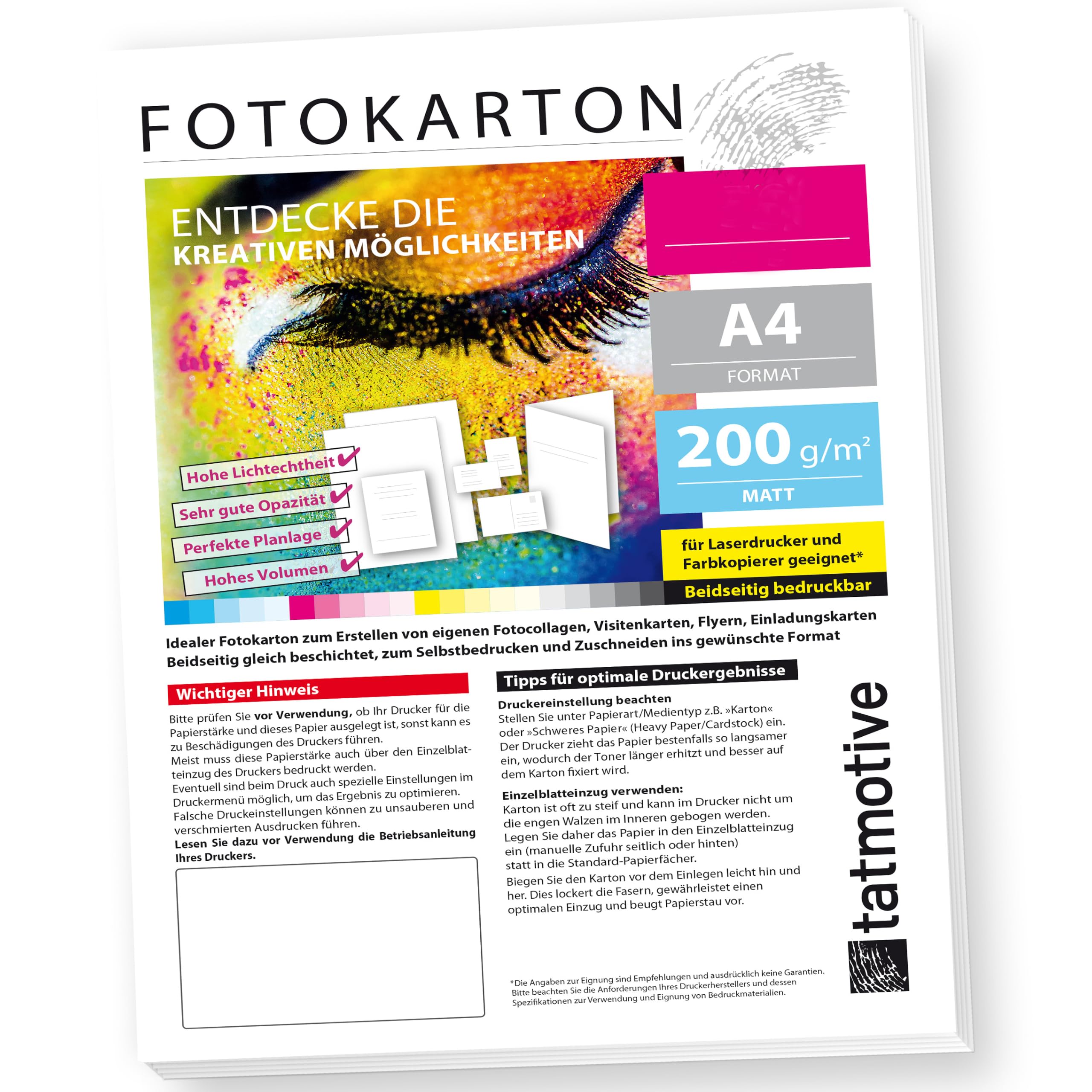 TATMOTIVE FA4200M250 - Cartón fotográfico (200 g, 250 hojas), color blanco mate