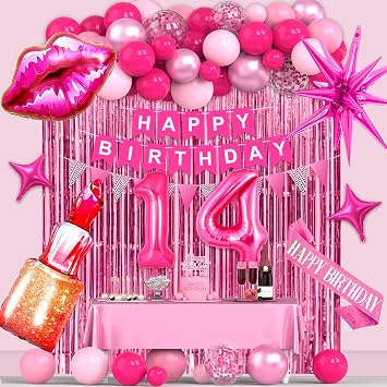 14th Pink Birthday Decorations, Hot Pink Birthday Party Decorations for Girls, Happy 14th Birthday Party Supplies with Banner, Number Foil Balloon, Cake Topper, Fringe Curtain, Star Foil Balloons