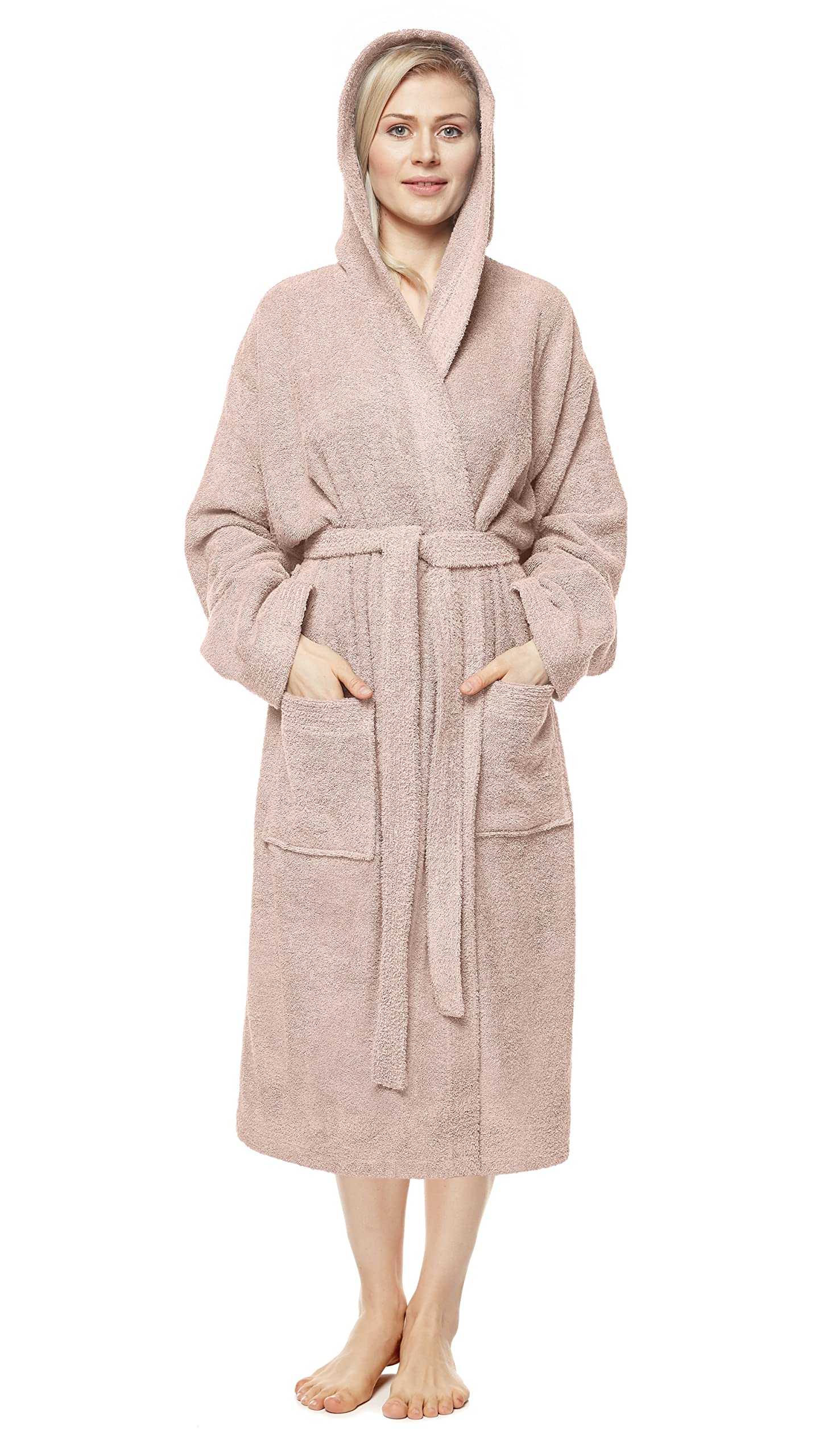 Arus Accappatoio da donna con cappuccio, lunghezza al polpaccio o alla caviglia, 100% cotone spugna (380 g/m²) certificato OEKO-TEX