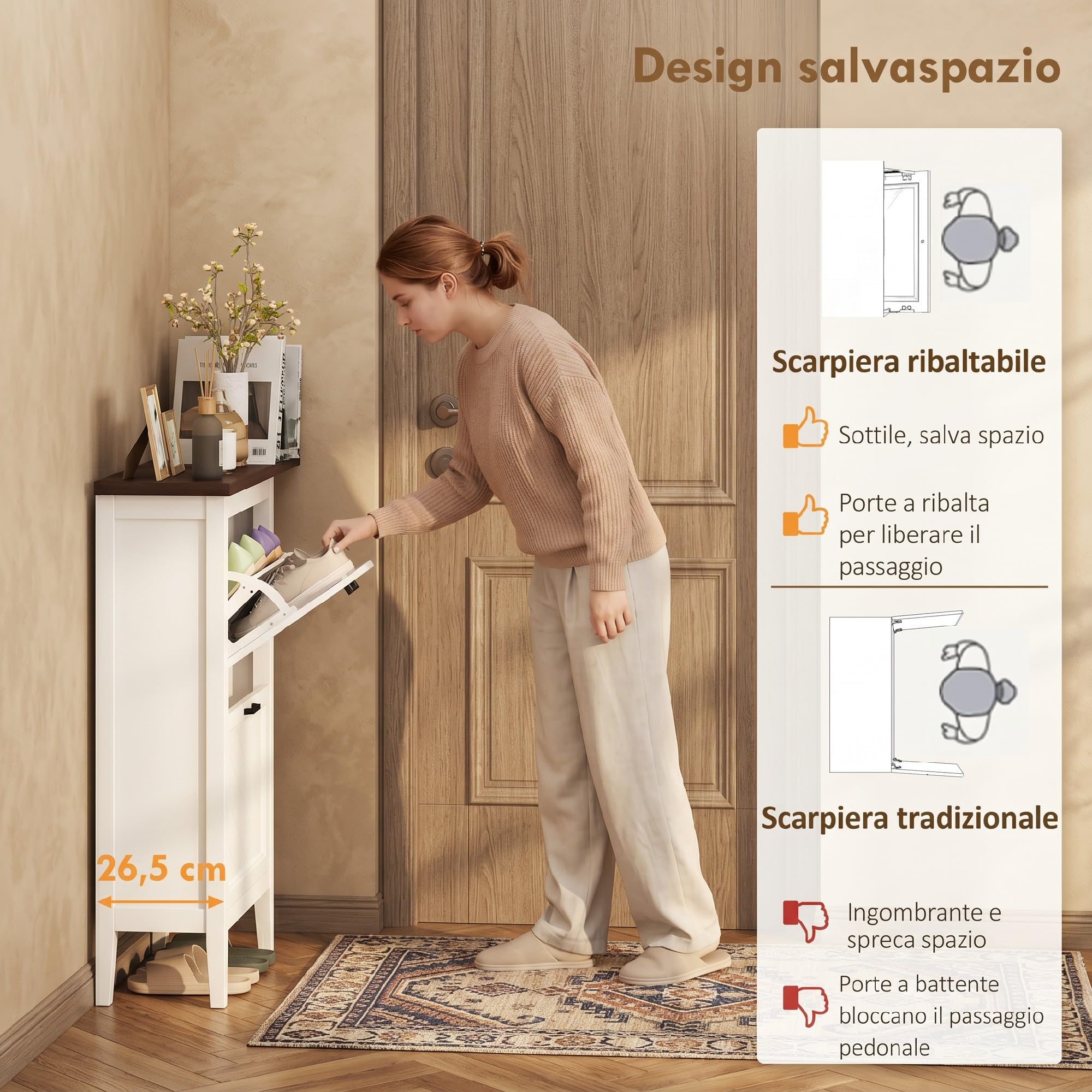 HOMCOM Scarpiera Salvaspazio Slim 2 Ante a Ribalta 8-12 Paia Bianco | Scarpiera Ingresso, Ripiani Regolabili, Porta Scarpe, Design Rustico, per Corridoio Soggiorno Ingresso