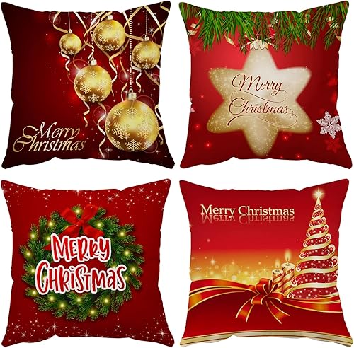 Juego de 4 fundas de almohada de Navidad de 18 x 18 pulgadas, fundas de almohada de terciopelo de Navidad, fundas de almohada de terciopelo rojo y