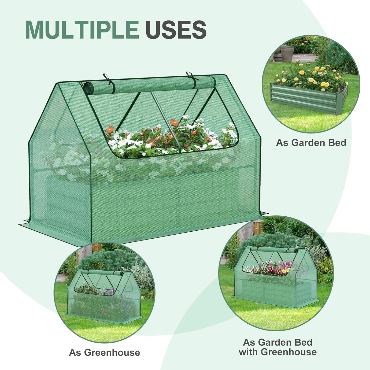 Aoodor Raised Garden Bed Kit, 4x2x1 FT Galvanized Planter Box with PE Cover, Screen Windows for Gardening, Green
