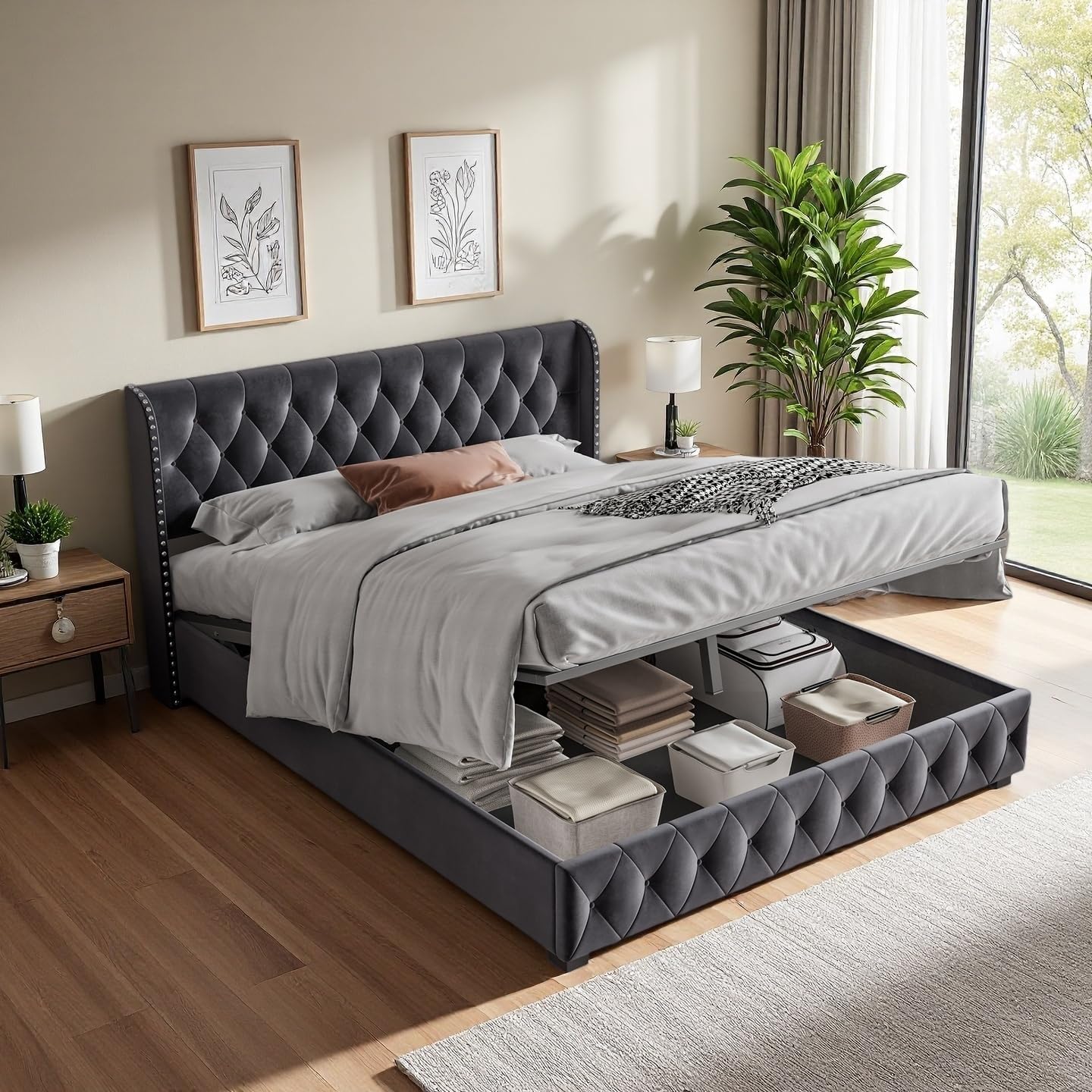 Storage Bed 140 x 200 cm with Slated Base Upholstered Velvet Double Storage Upholstered Double Continental Bed Gray 140 x 200 cm