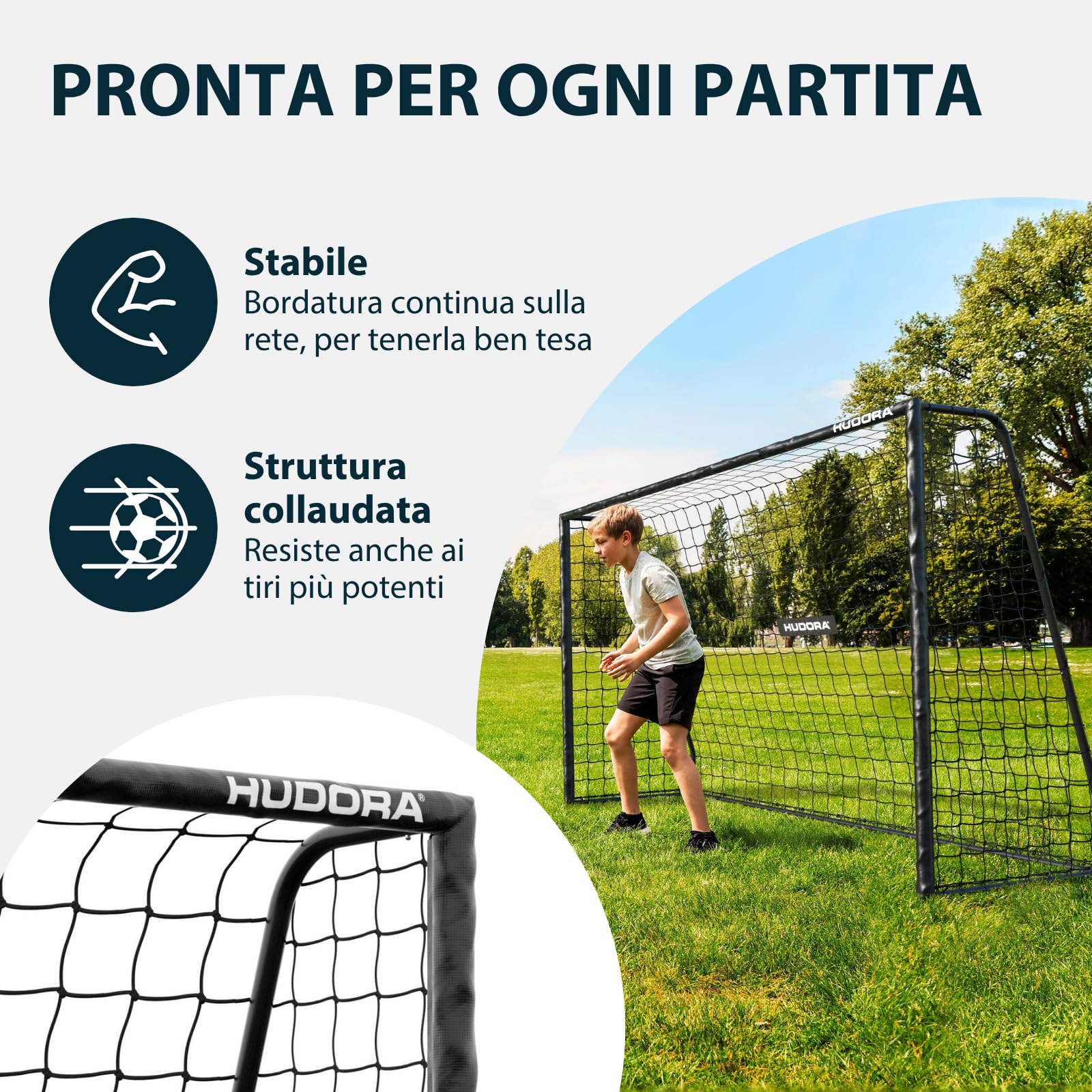 HUDORA Pro Tect Lite – Porta calcio da giardino con pali imbottiti, per l’esterno – facile da montare grazie alle connessioni a scatto – porta stabile in acciaio per bambini e ragazzi - nera