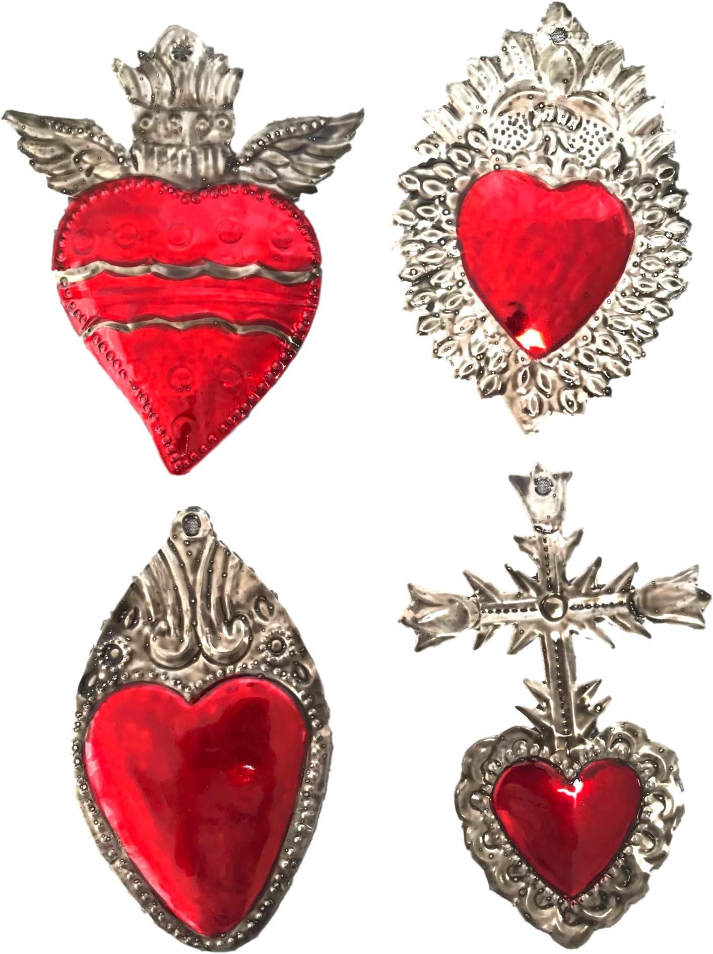 Mexican Hearts Milagros Charms Tin Painted Sacred Heart Ornaments Handmade in Mexico Metal Folk Art Wall Decoration (Set of 4) Large 5.5 inches Milagros Gris y Rojo Grandes