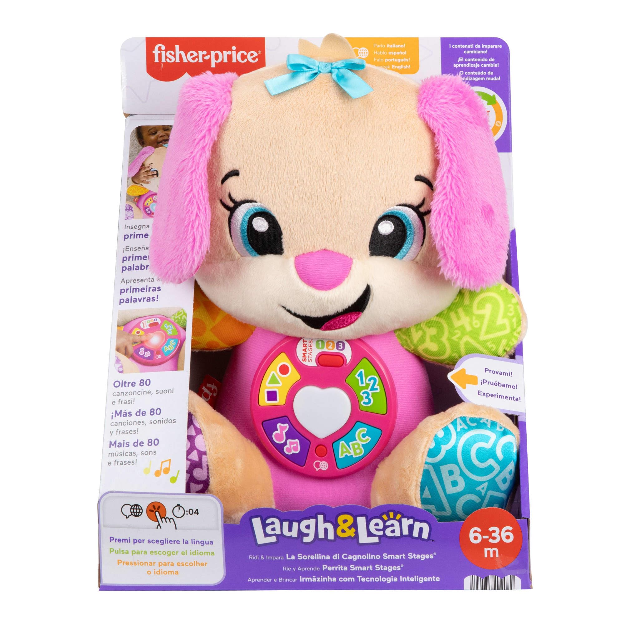 Fisher-Price Giocattolo per l'apprendimento dei Neonati Ridi e Impara Peluche Musicale Sis Smart Stages Rosa; per Bambini dai 6 Mesi in su, multilingue: Italiano, Spagnolo, Portoghese, Inglese, JFD35