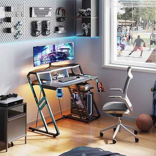 Miniatura 9 de MOTPK Escritorio para juegos con toma de corriente y luces LED, escritorio para computadora de juegos de 47 pulgadas con estante de almacenamiento