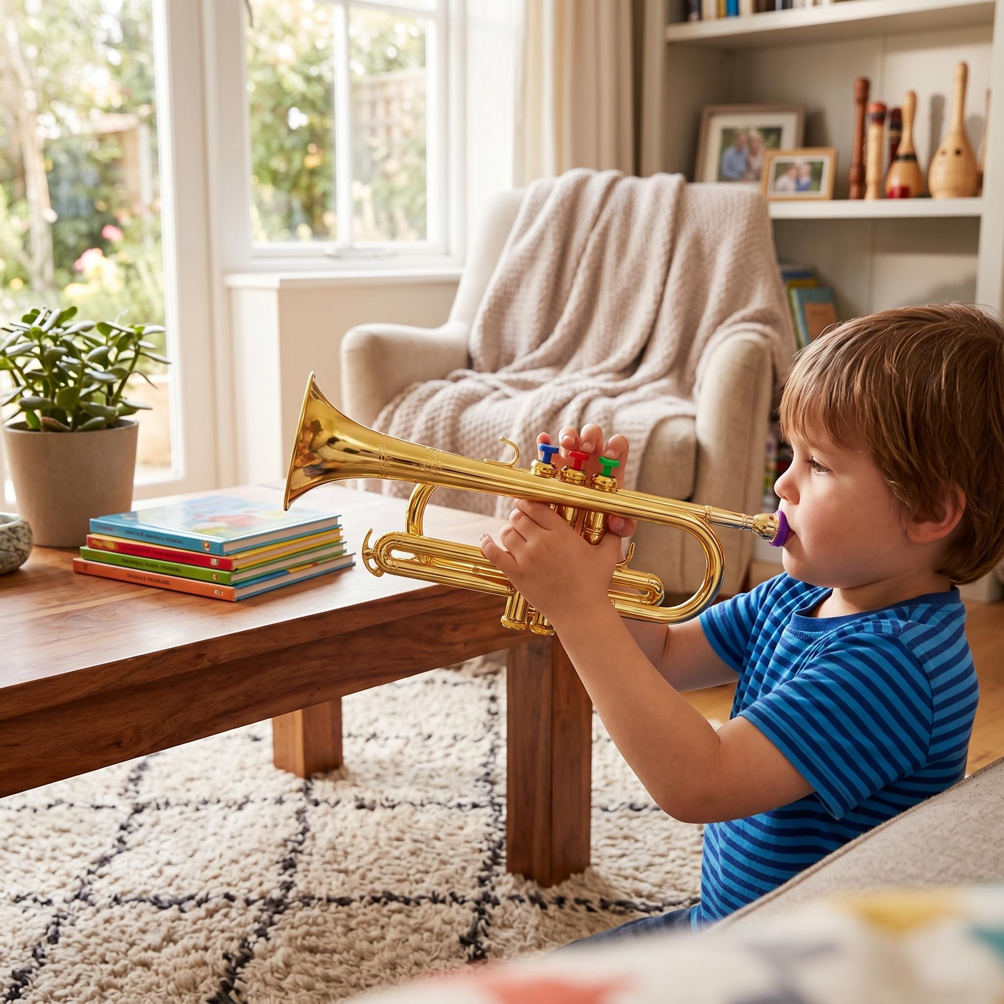 Kindertrompetenspielzeug, Pädagogisches Musikinstrument mit 4 Farbigen Tasten für Kinder, Echter Trompetenklang Goldfarben Sicheres Plastikmaterial