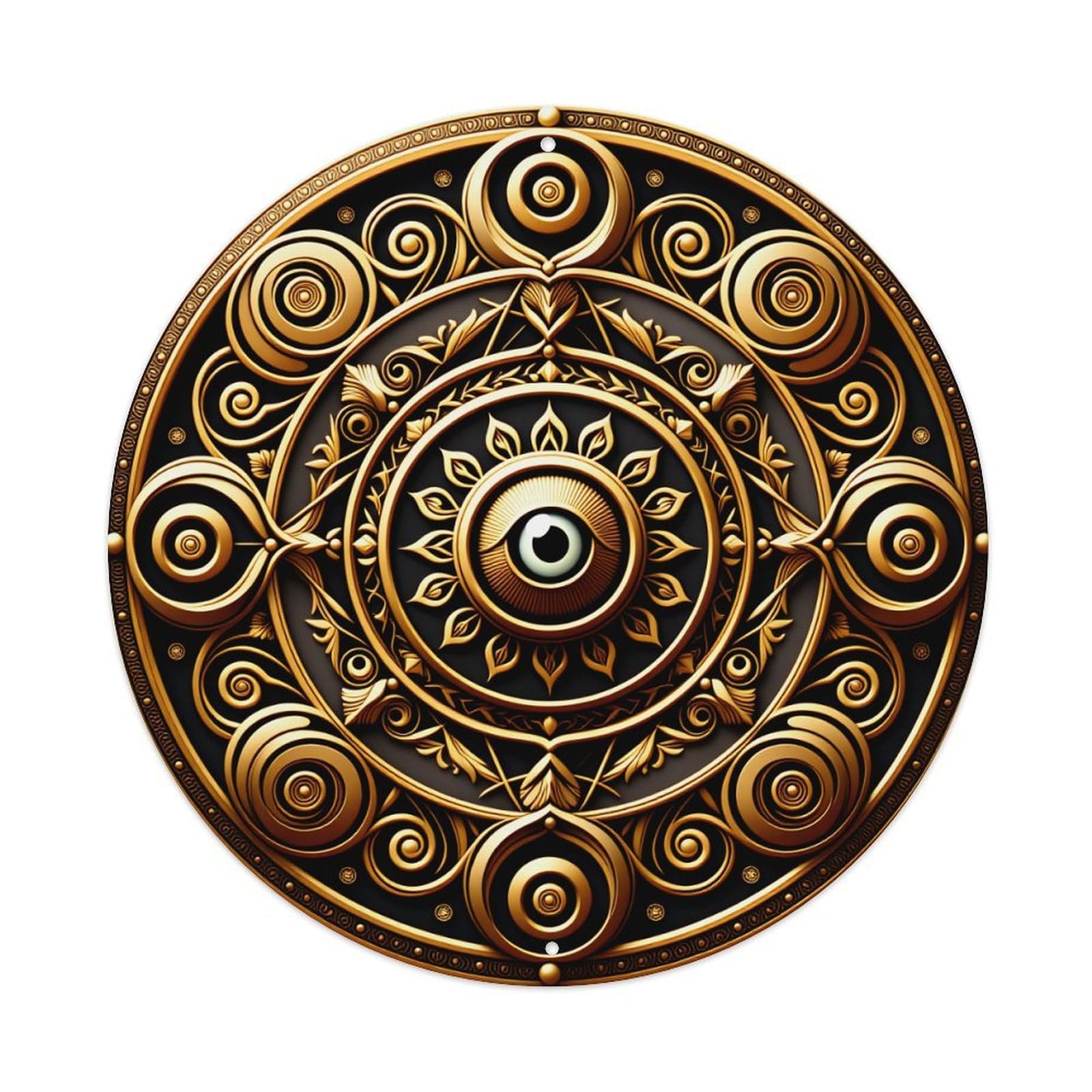 Golden Eye Mandala With Intricate Swirls And Floral Motifs Round Vintage Tin Sign,Retro Wall Art,Metal Poster for Home, Bar, Garage, Cafe, Rustic Indoor & Outdoor Decor, 8x8 Inches