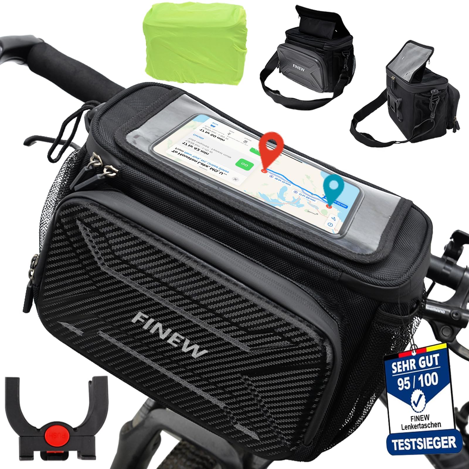 Sacoche de guidon FINEW pour vélo avec adaptateur de guidon pour E-Bike et vélo, panier avant de vélo de 6L, sacoche de guidon étanche avec support pour téléphone portable, écran tactile, bandoulière