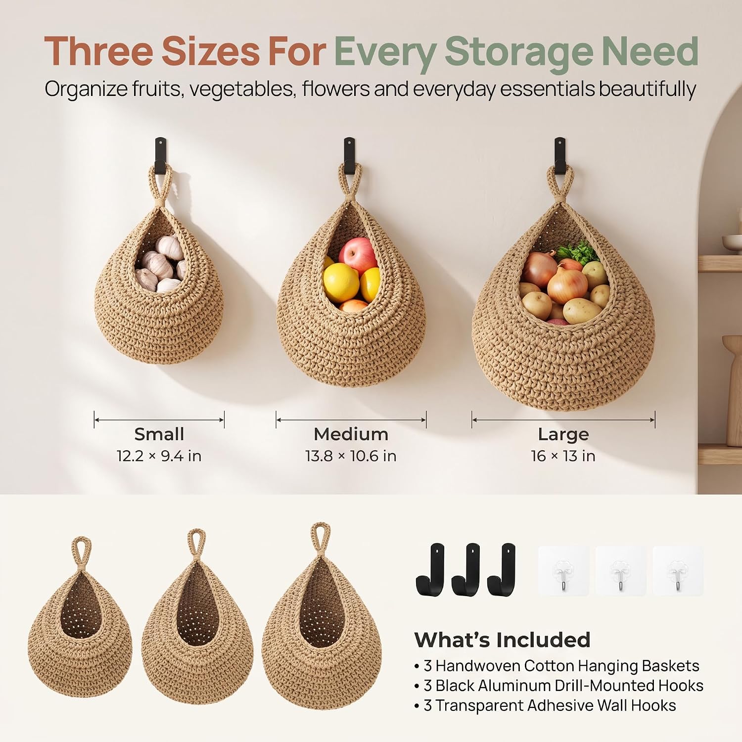 Wall Hanging Baskets for Organizing, 3 Pack Handwoven Hanging Fruit Basket with 6 Strong Hooks, Cotton Onion Potato Vegetable Storage Basket, Boho Wall Basket for Kitchen, Pantry