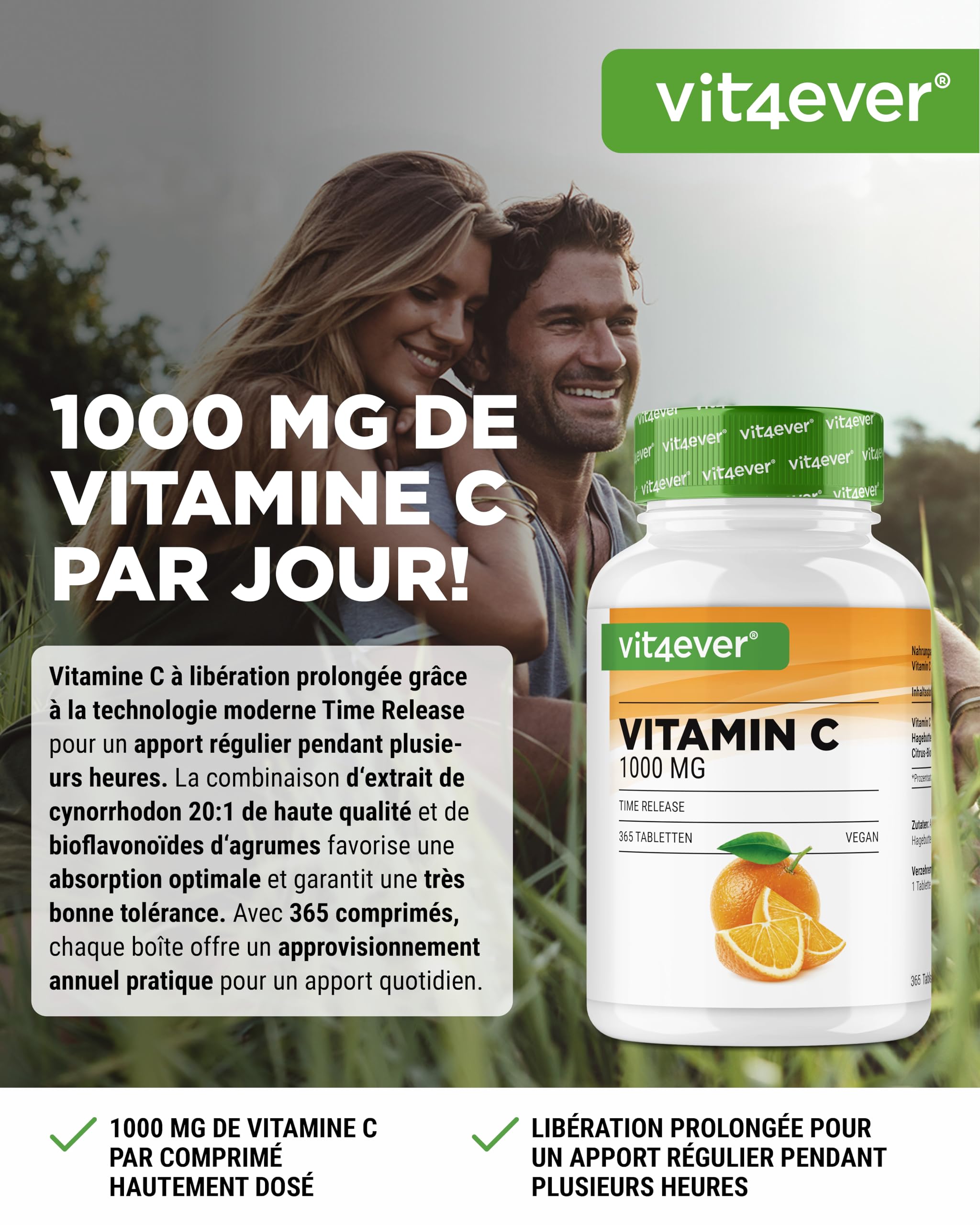 Vitamine C 1000 mg - 365 Comprimés - Format 12 Mois - Time Released Effekt - Comprimé avec Vitamine C + Extrait de Cynorhodon + Bioflavonoïdes d’Agrumes - Végétalien