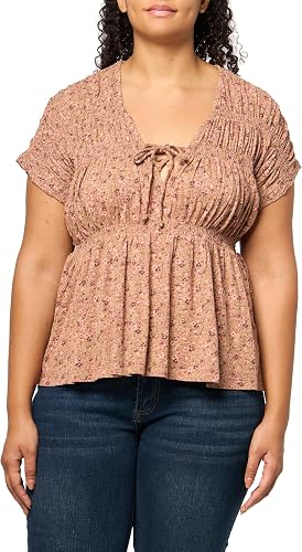 Lucky Brand Women's Printed Smocked Peplum Tee, Burg Floral, X-Large