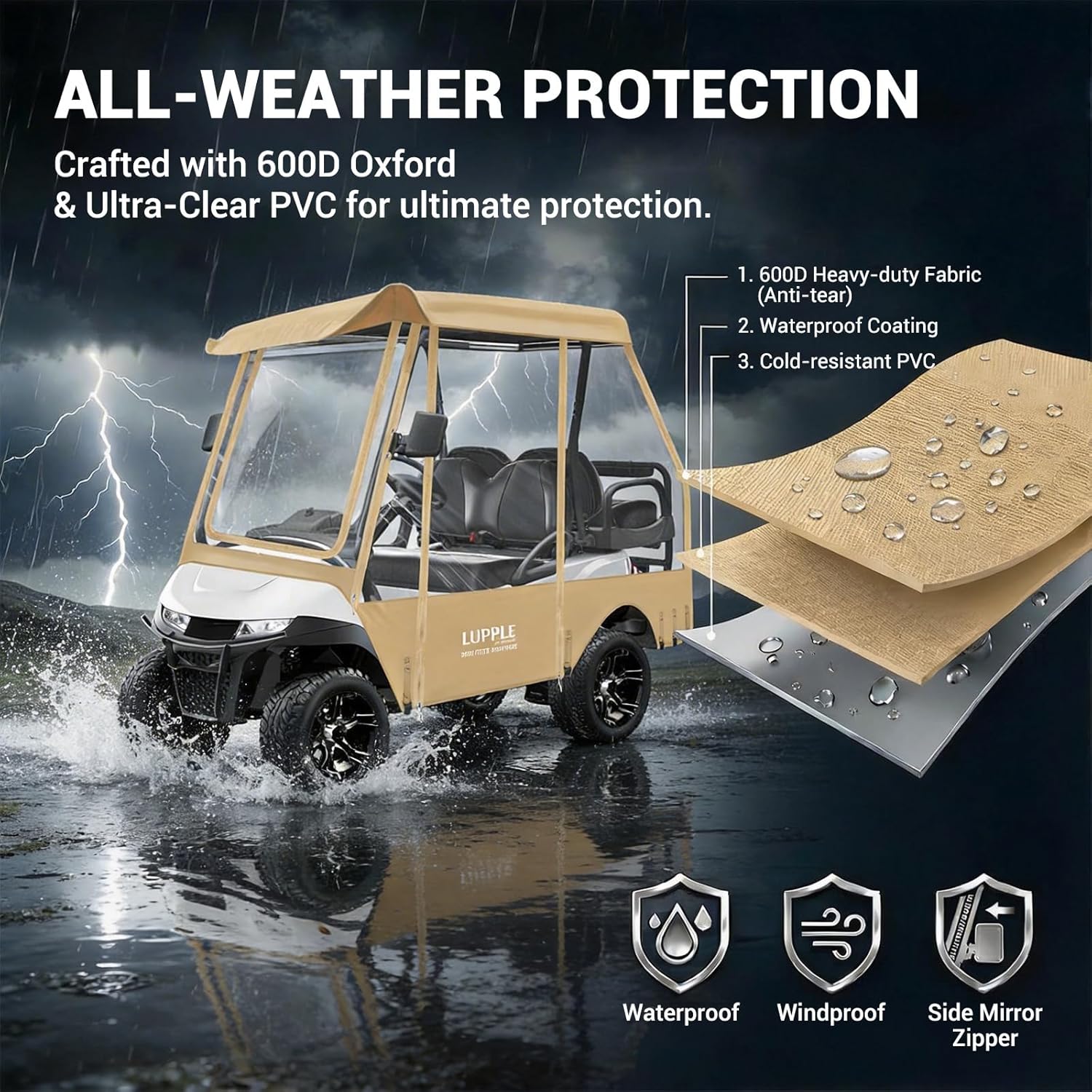 4 Passenger Golf Cart Enclosure for EZGO TXT RXV – Short Roof 59" Rain Cover, 2+2 Seater Winter Weather Protection with 600D Waterproof Windproof Oxford & 4-Sided Clear PVC Zippered Doors