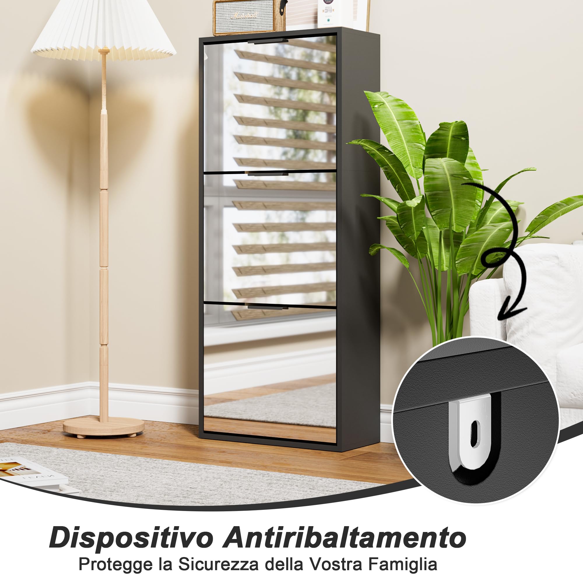UEV Zapatero 3 Puertas de Espejo, Zapatero Funcional con Espejo, para Entrada, 50 x 23 x 121,5 cm, Negro