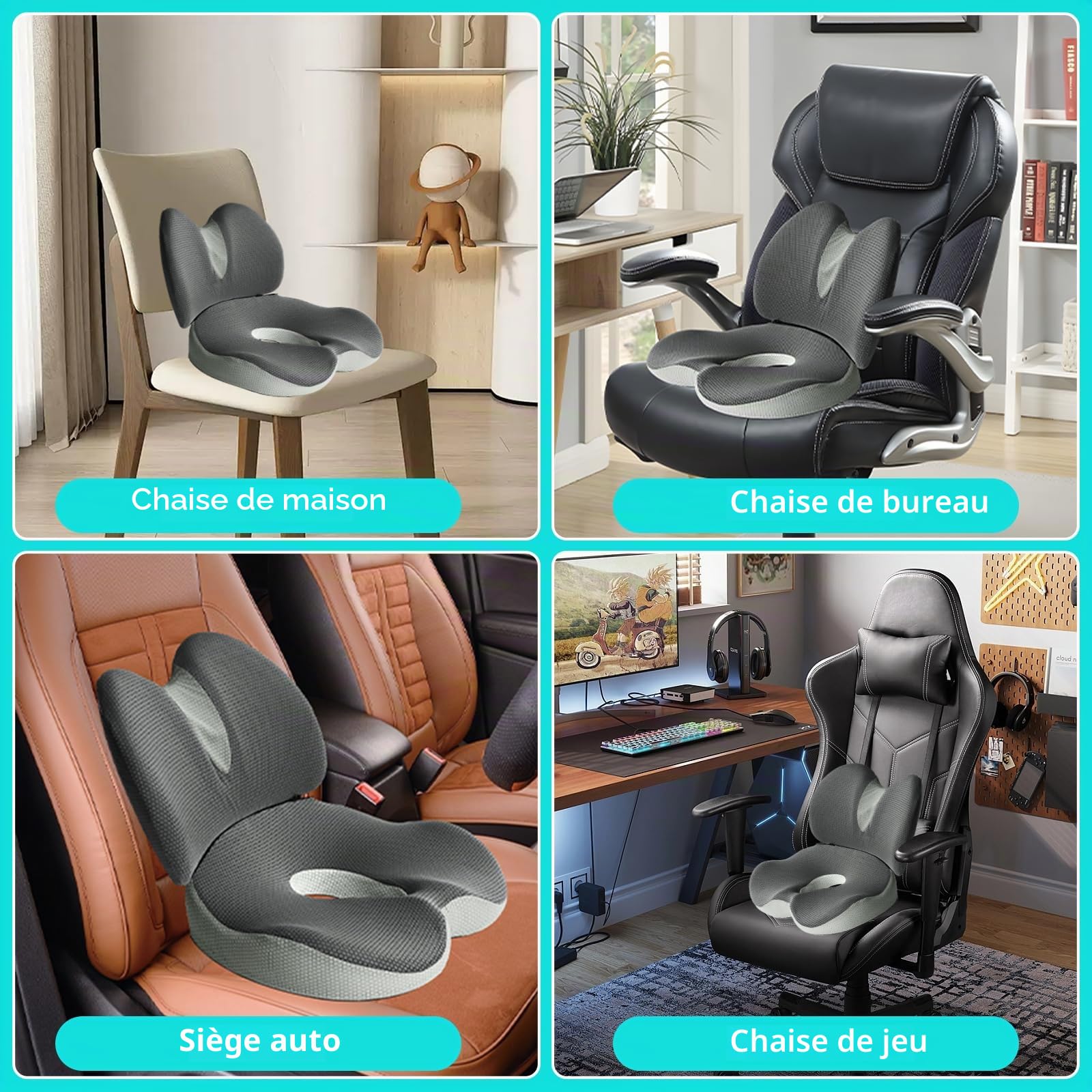 2 en 1 Coussin Chaise, Coussin Lombaire, Soutien Lombaire Ergonomique en Mousse à Mémoire Forme, pour Chaise de Bureau, Voiture, Fauteuil, Coussin Lombaire Chaise Bureau, Coussin de Siège de Voiture