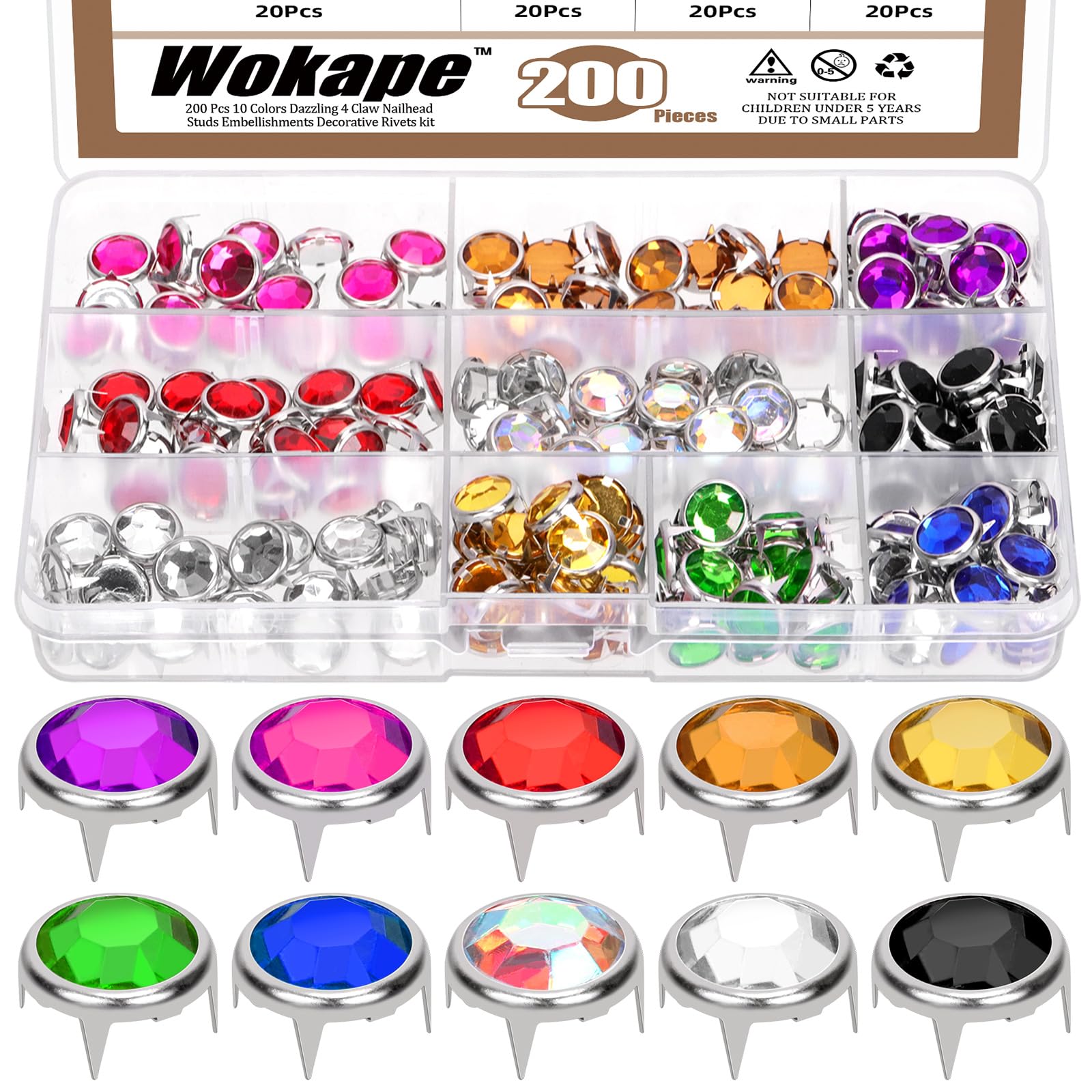 Set di 200 pezzi da 12 mm (0,47 pollici), 10 colori abbaglianti perline di cristallo artiglio 4 artigli rivetti punk, in rame, rivetti decorativi per fai da te in pelle artigianato vestiti