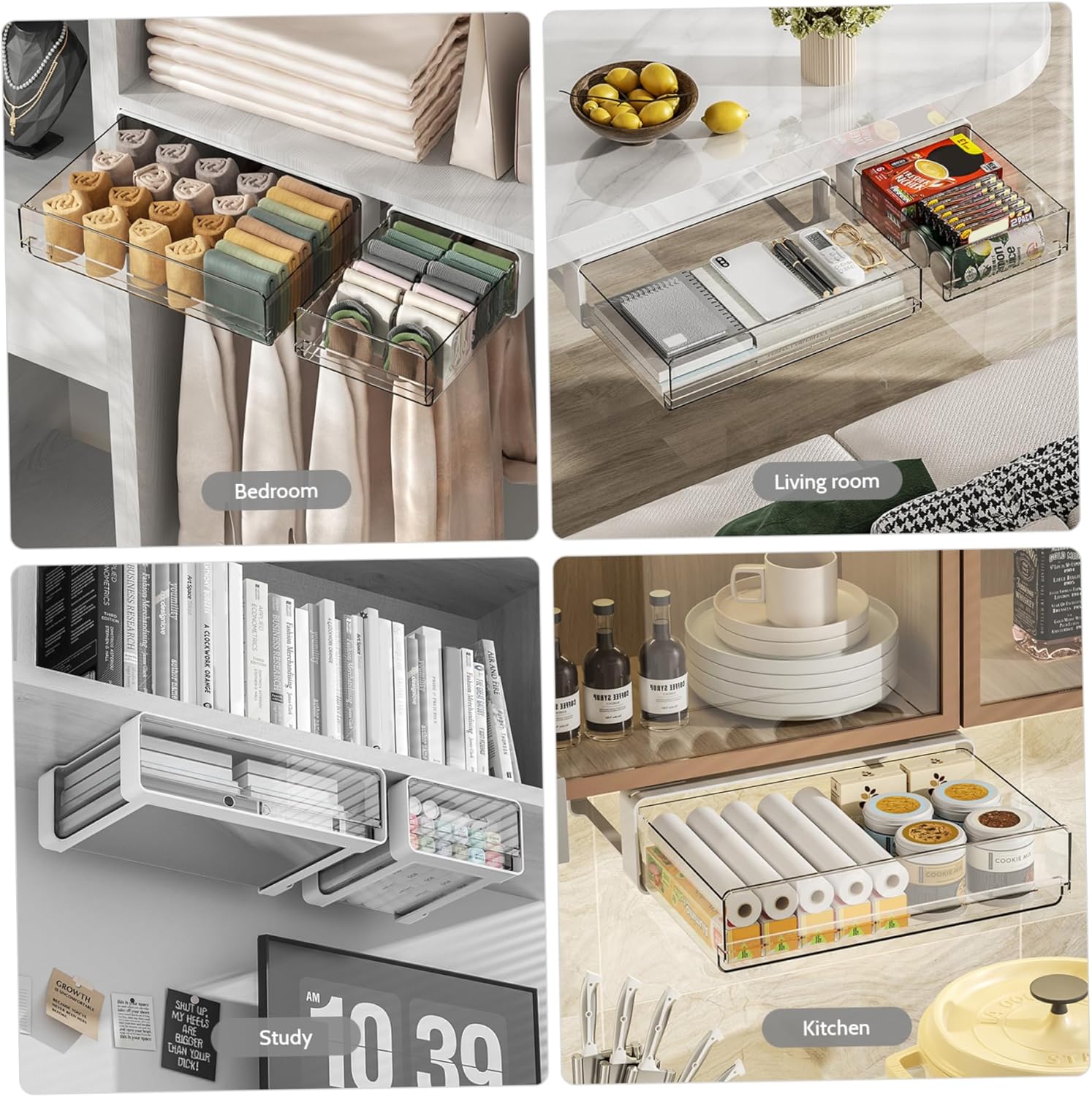 Under Cabinet Drawers Adhesive Under Shelf Drawer Clear Slide Out Cabinet Organizer Plastic Under Desk Storage for Kitchen Pantry, Cabinet Accessories, Standard, White