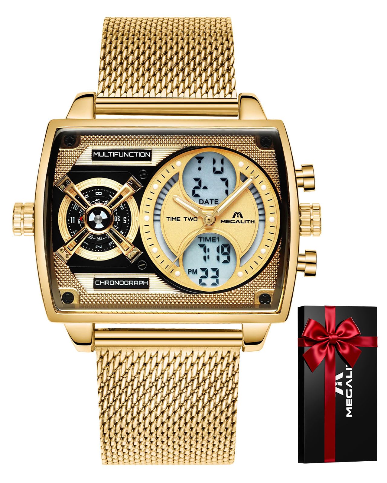 Sponsored Ad – Watches Mens Stylish Digital Analogue Large Face Square Multi-Time Zone Wristwatch