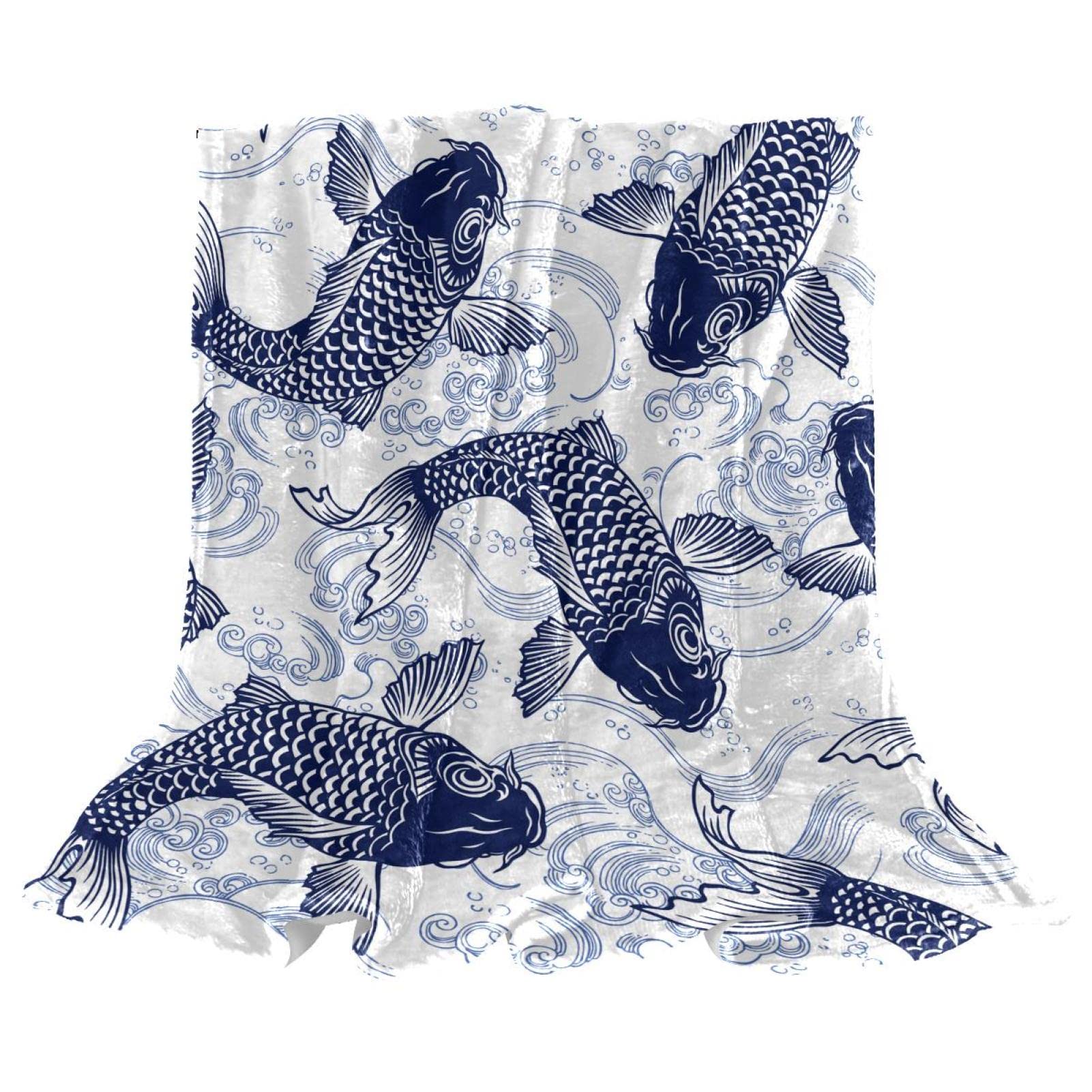 Couverture polaire bleu vintage poisson koi pour déco de chambre