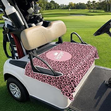 Personalized Golf Cart Seat Covers, Custom Name Logo Golf Cart Towel Blanket with Leopard Print, Non-Slip Backing Club Car Seat Covers for Standard Golfcarts, Birthday Gift for Women Men