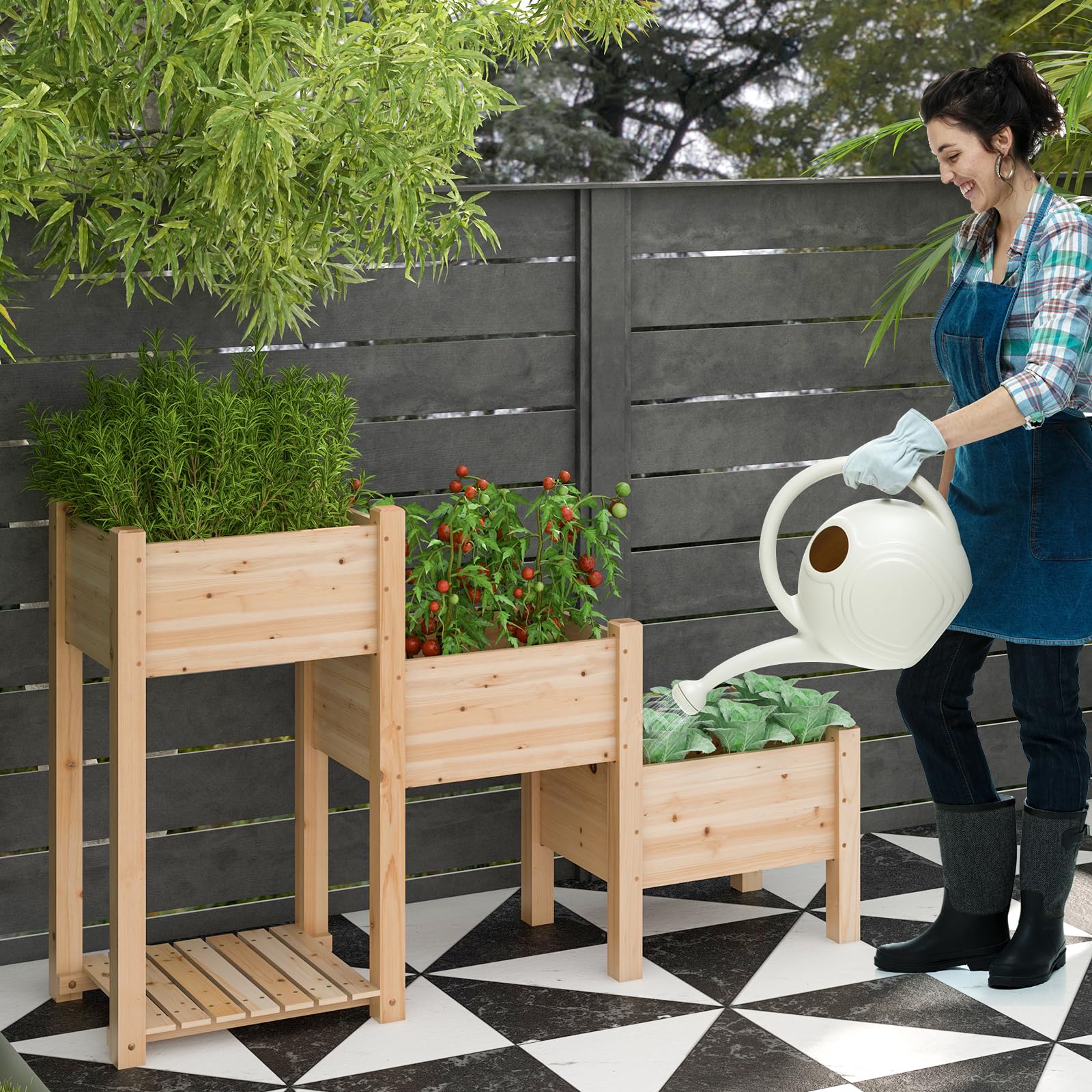 RELAX4LIFE Carré Potager Surélevé à 3 Étages en Bois | Jardinière Extérieure avec 3 Bacs à Plantes, Trous de Drainage et Étagère de Rangement Ouverte pour Fruits et Légumes