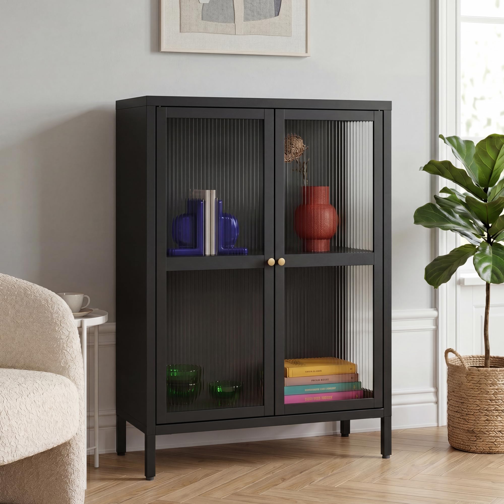 [en.casa] Comò con Ante in Vetro Scanalato Credenza in Acciaio per Soggiorno Mobile Vetrinetta con Scomparto Diviso 84x64x35 cm Nero