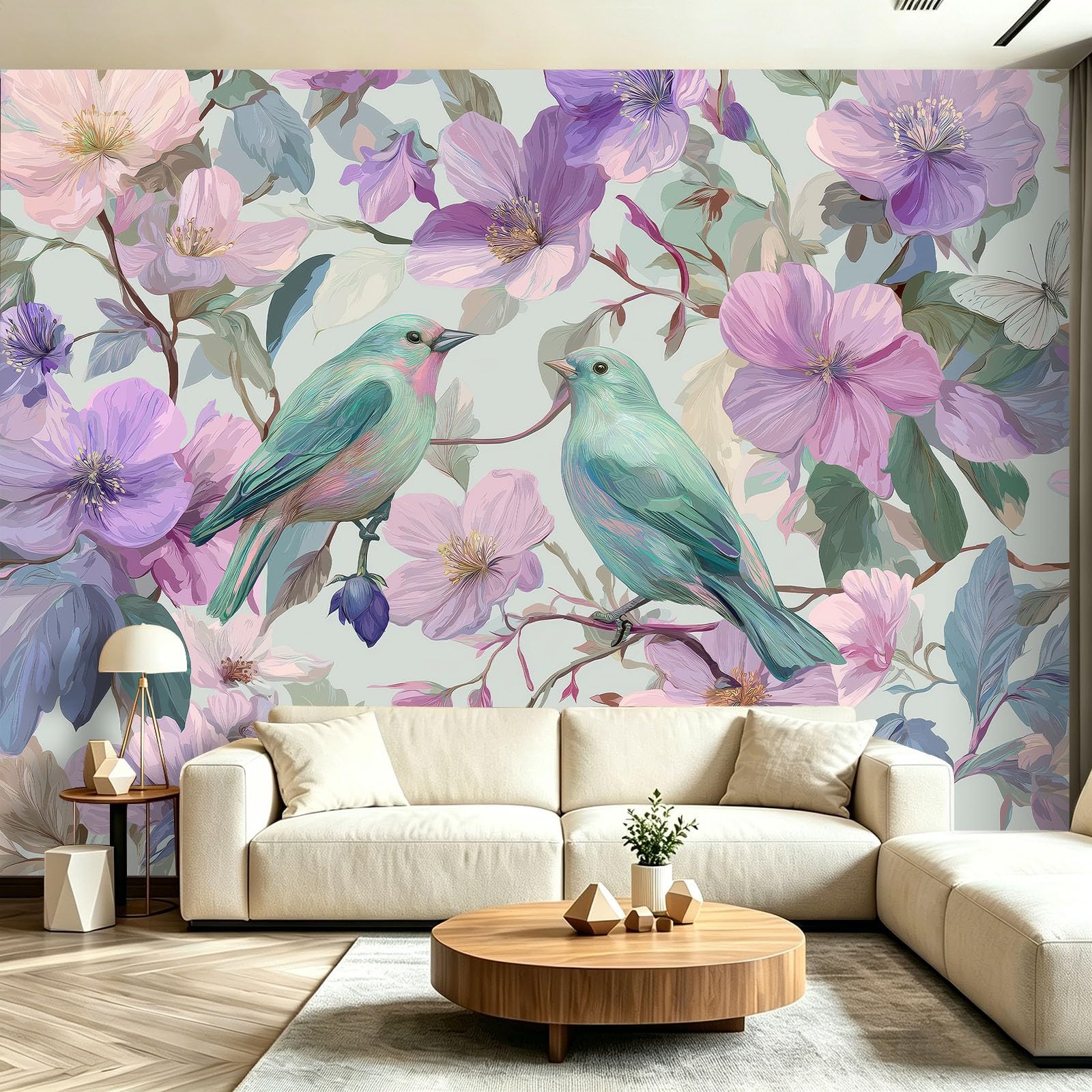 Fototapeta francuski ptak kwiatowy motyl zielony niebieski tapeta z włókniny dekoracja salonu sypialni kobiety, 300 x 210 cm