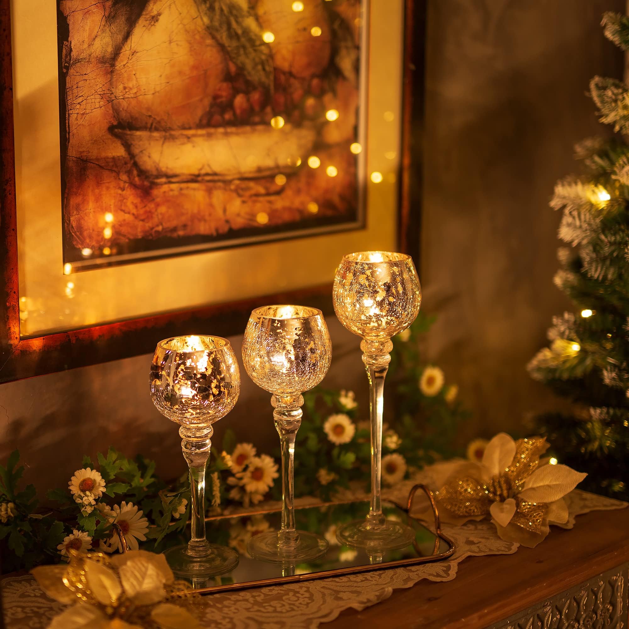 Romadedi Kerzenständer Glas Silber, 3er Set 23.5/25.5/31.5cm | Quecksilberglas für Teelichter und Votivkerzen, Hohe Windlichter für Tisch Wohnzimmer und Hochzeit