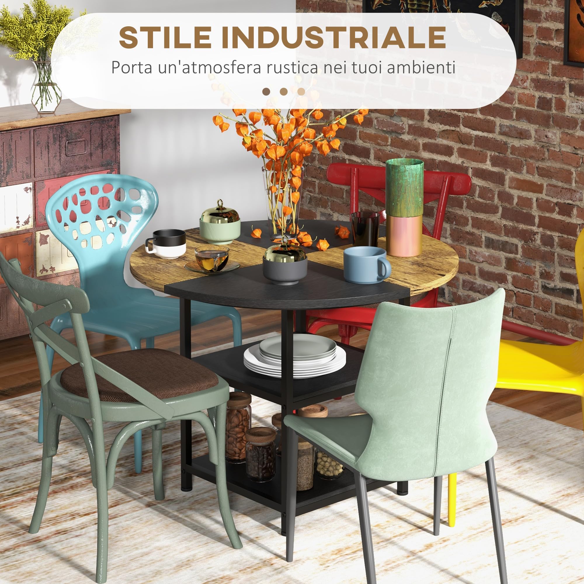 HOMCOM Tavolo Stile Industriale per 4-6 Persone Ø100x76 cm Nero e Marrone | 2 Ripiani Integrati, Tavolo Rotondo da Pranzo Multiuso, Acciaio e MDF