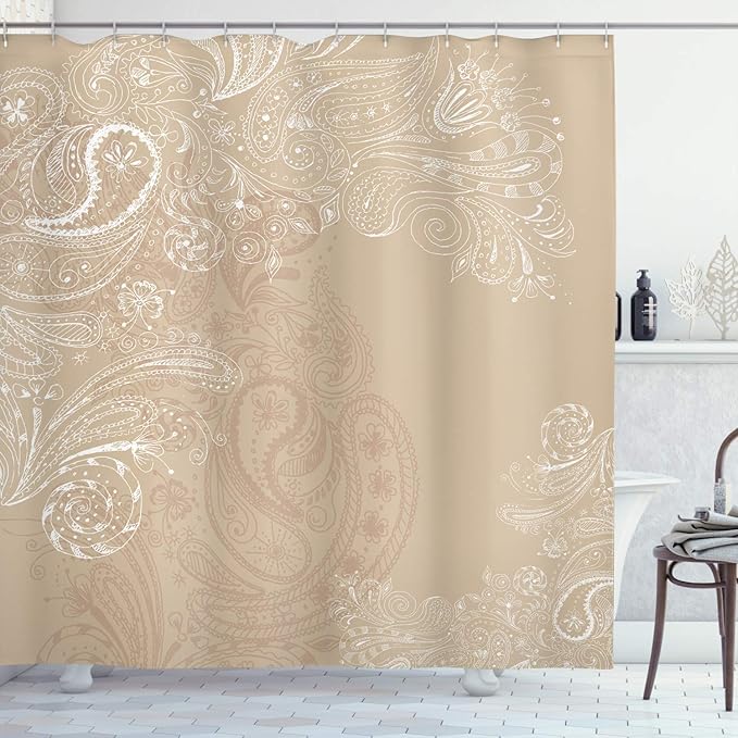 Ambesonne Beige Shower Curtain, Hand Drawn Swirling Floral