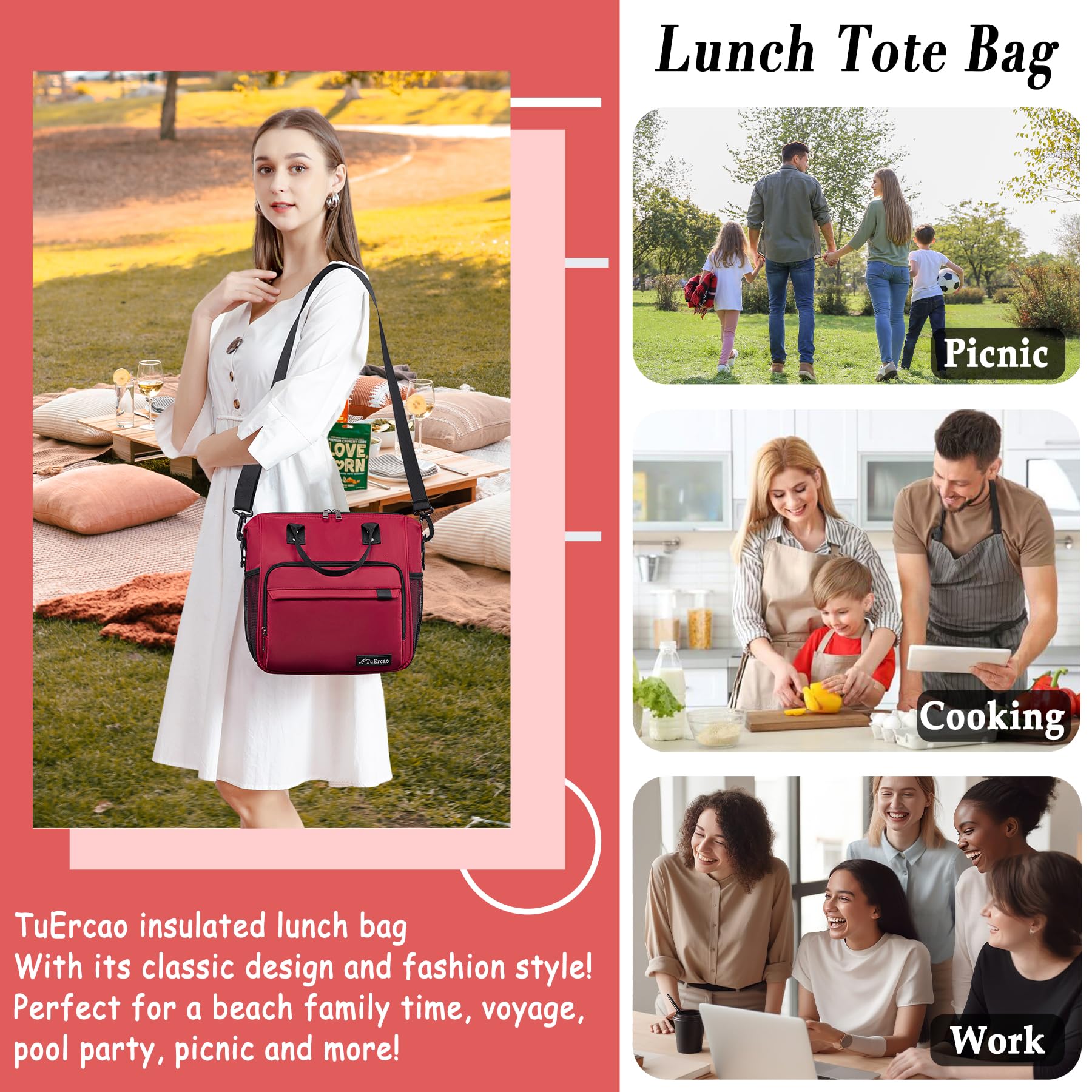 TuErCao Borsa per il pranzo rossa da donna, per lavoro, grande, isolata, per adulti, a prova di perdite, con tracolla rimovibile