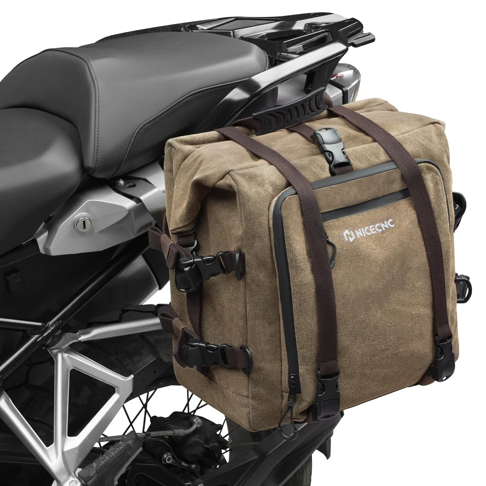 Photo 1 of NICECNC Adjustable Quick Release Motorcycle Saddlebag - 25L-40L Expandable Pannier Tail Luggage Compatible with Cruiser, Street & ADV Bikes, Includes Rain Cover, 16oz Flame-Retardant Canvas